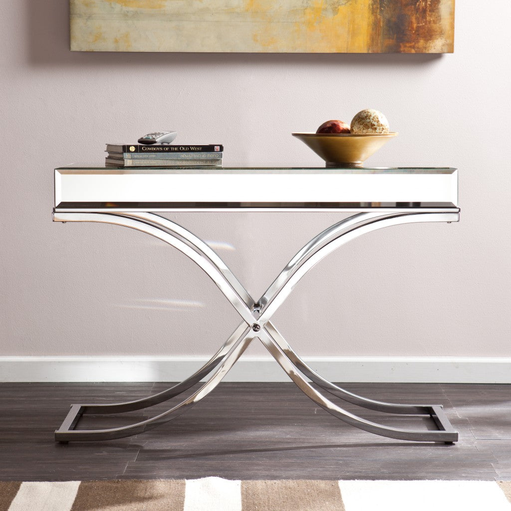 42" Silver Mirrored Glass Cross Leg Console Table-Console Tables-DECOROLALA