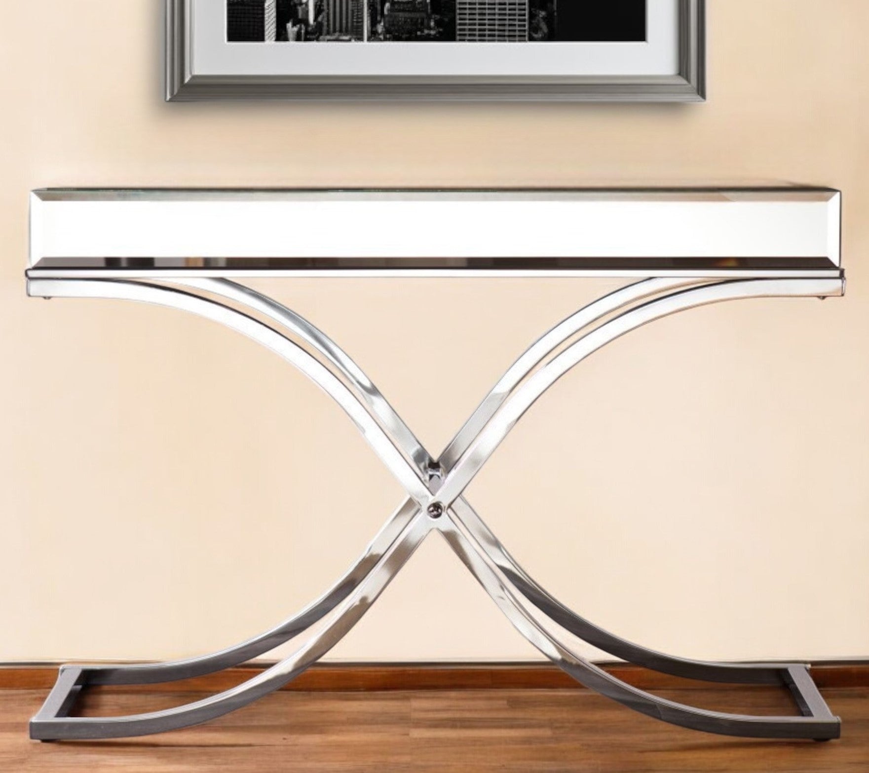 42" Silver Mirrored Glass Cross Leg Console Table-Console Tables-DECOROLALA