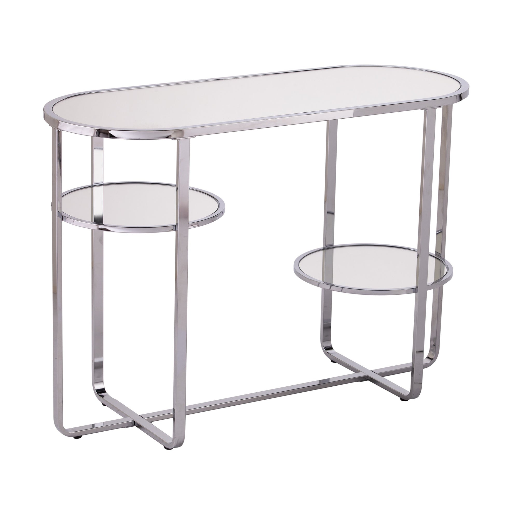 42" Silver Mirrored Glass Oval Cross Leg Console Table With Shelves-Console Tables-DECOROLALA