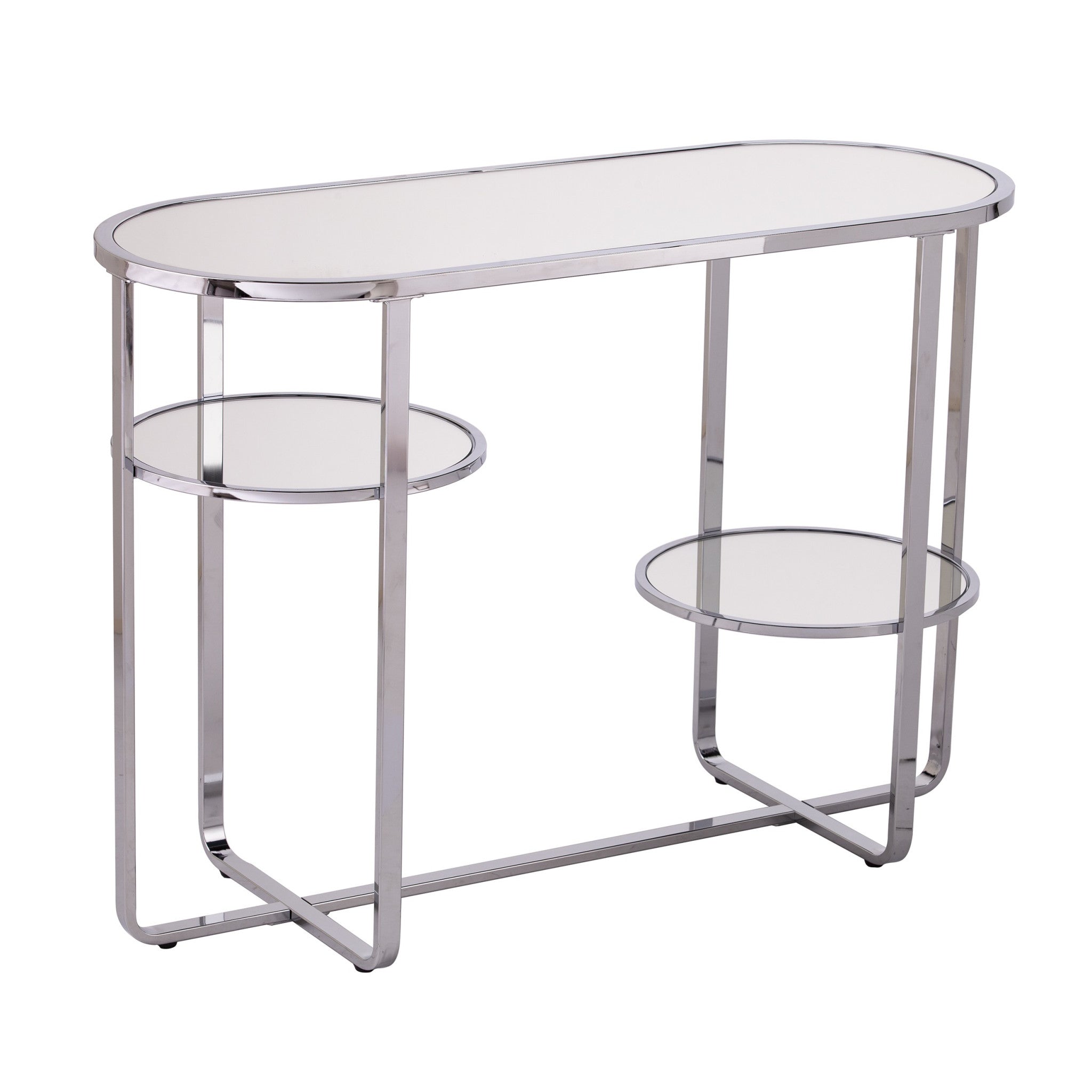 42" Silver Mirrored Glass Oval Cross Leg Console Table With Shelves-Console Tables-DECOROLALA