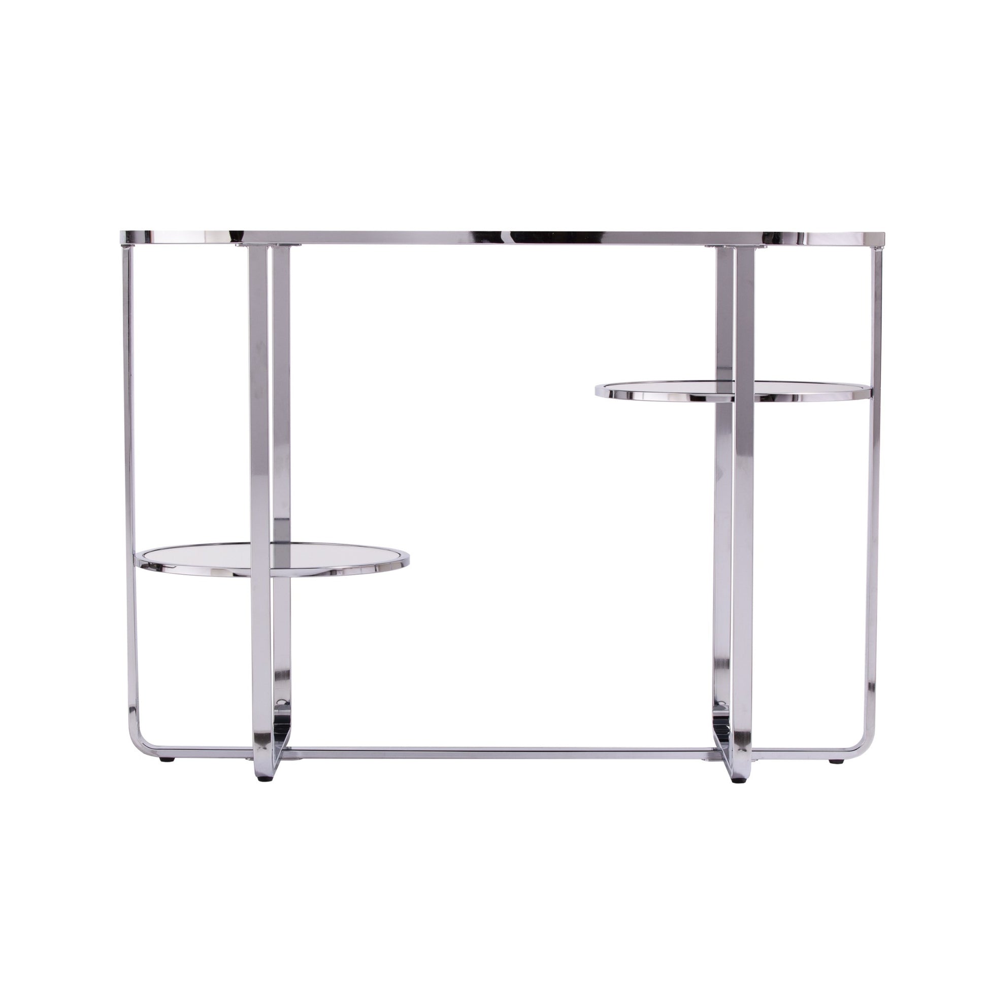 42" Silver Mirrored Glass Oval Cross Leg Console Table With Shelves-Console Tables-DECOROLALA