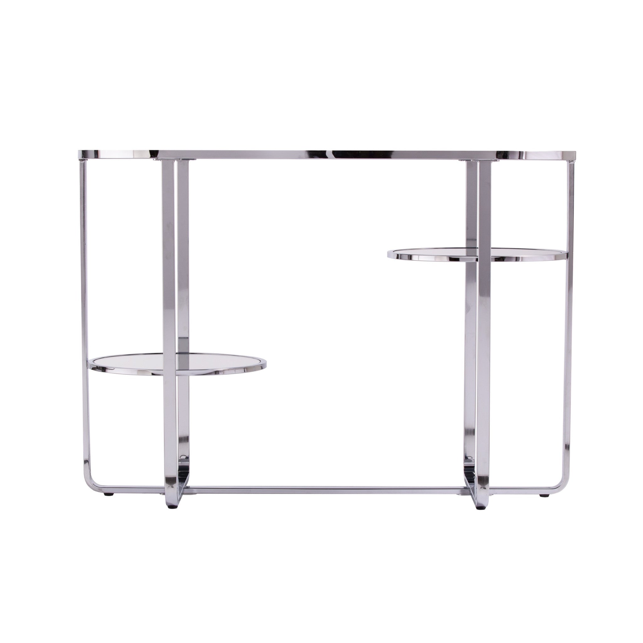 42" Silver Mirrored Glass Oval Cross Leg Console Table With Shelves-Console Tables-DECOROLALA