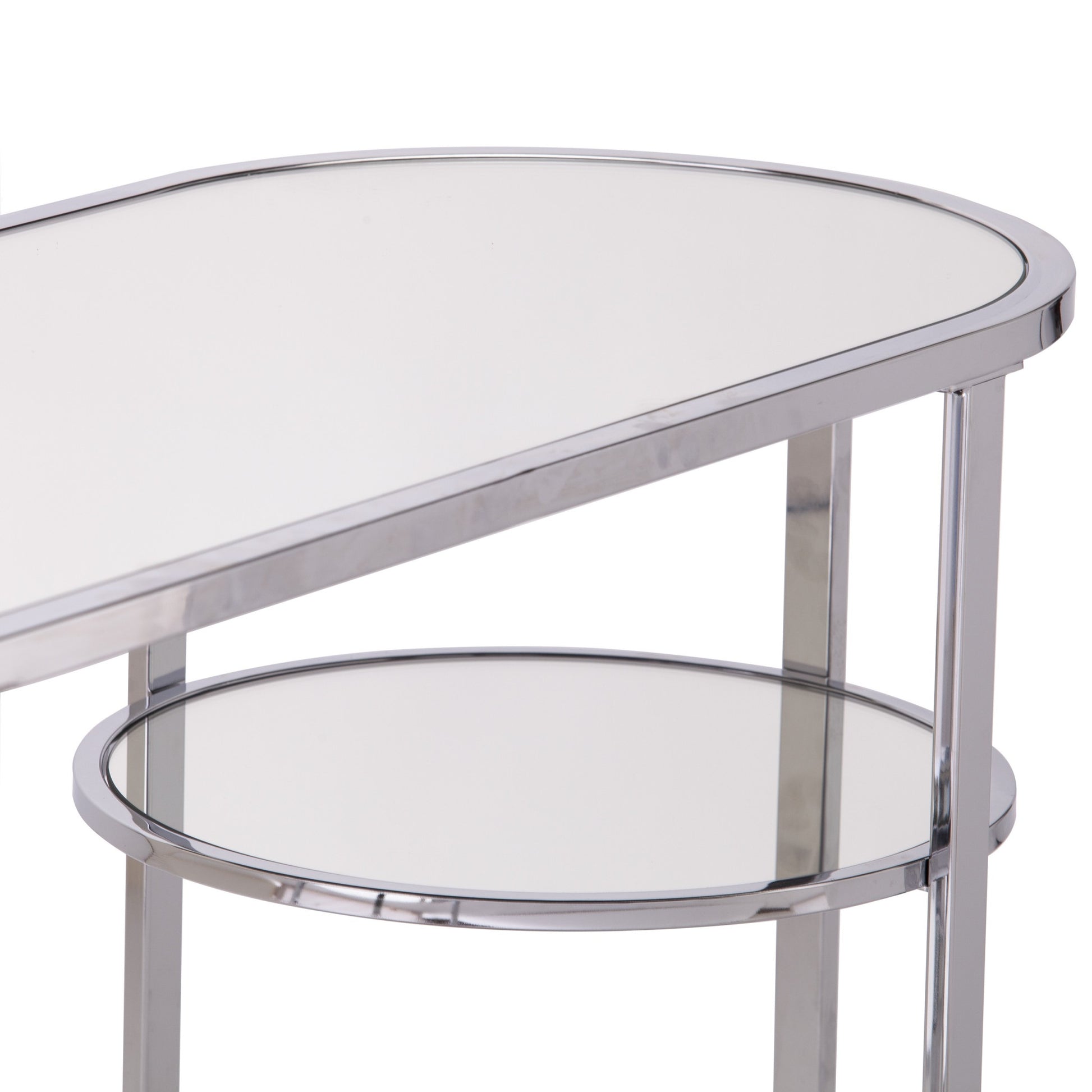 42" Silver Mirrored Glass Oval Cross Leg Console Table With Shelves-Console Tables-DECOROLALA