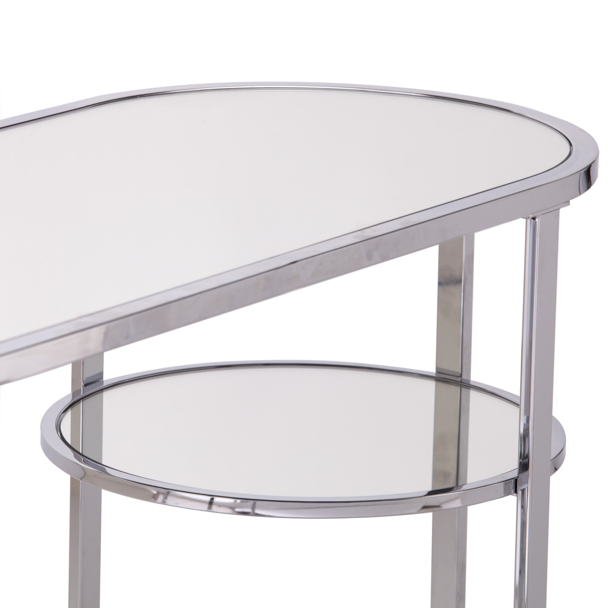 42" Silver Mirrored Glass Oval Cross Leg Console Table With Shelves-Console Tables-DECOROLALA