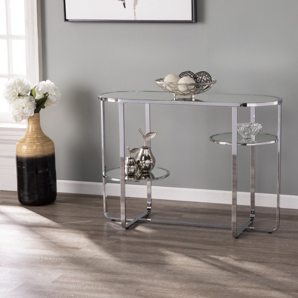 42" Silver Mirrored Glass Oval Cross Leg Console Table With Shelves-Console Tables-DECOROLALA