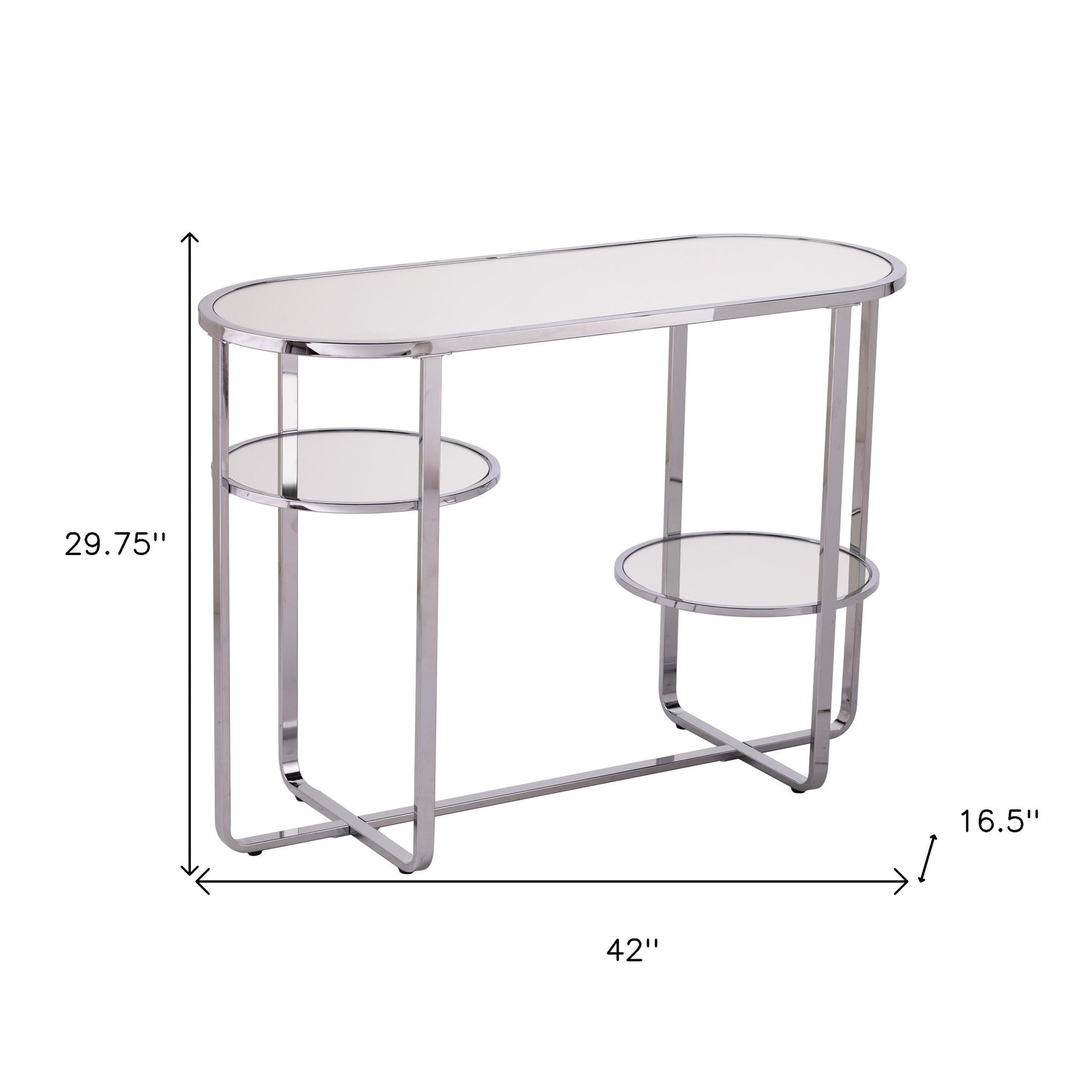 42" Silver Mirrored Glass Oval Cross Leg Console Table With Shelves-Console Tables-DECOROLALA