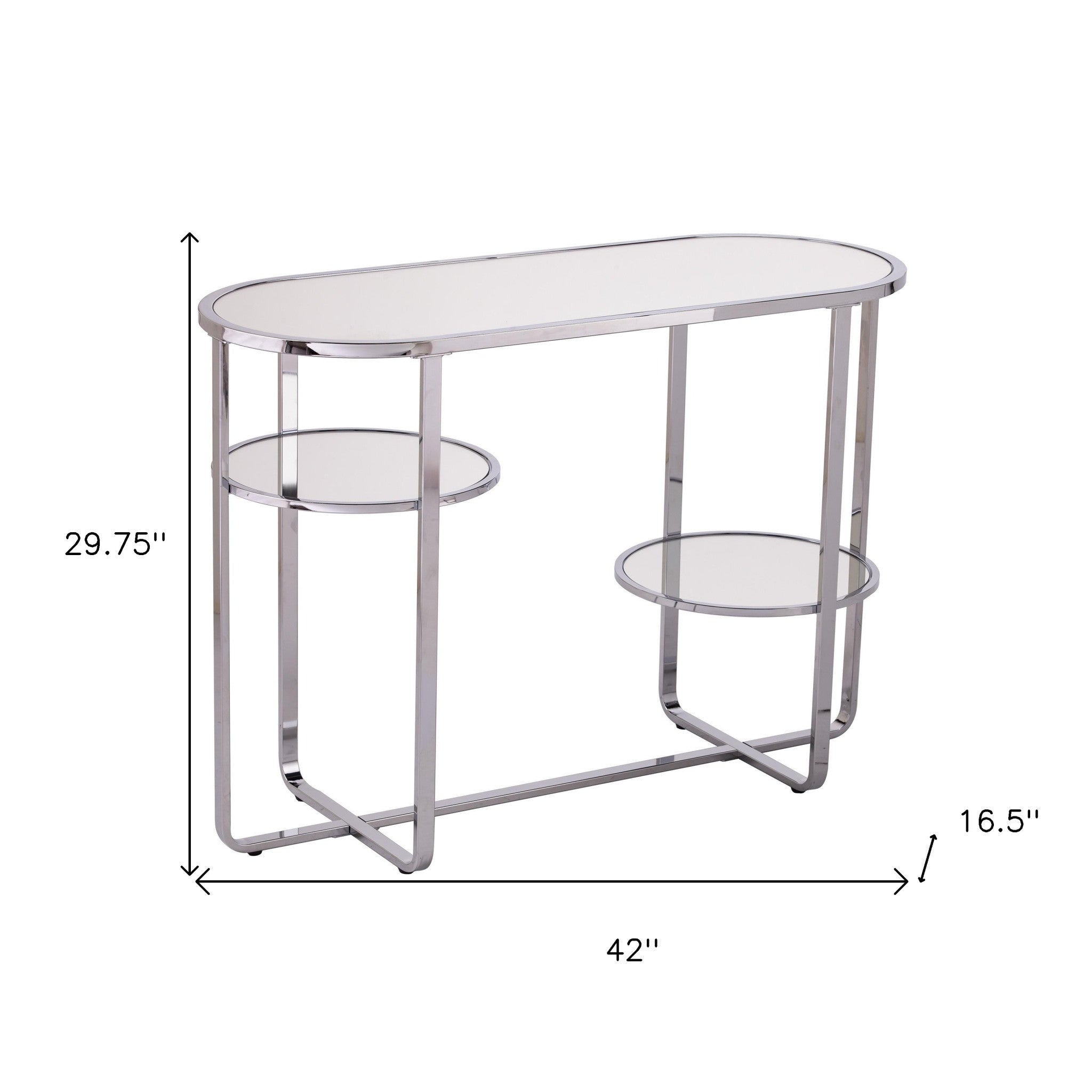 42" Silver Mirrored Glass Oval Cross Leg Console Table With Shelves-Console Tables-DECOROLALA