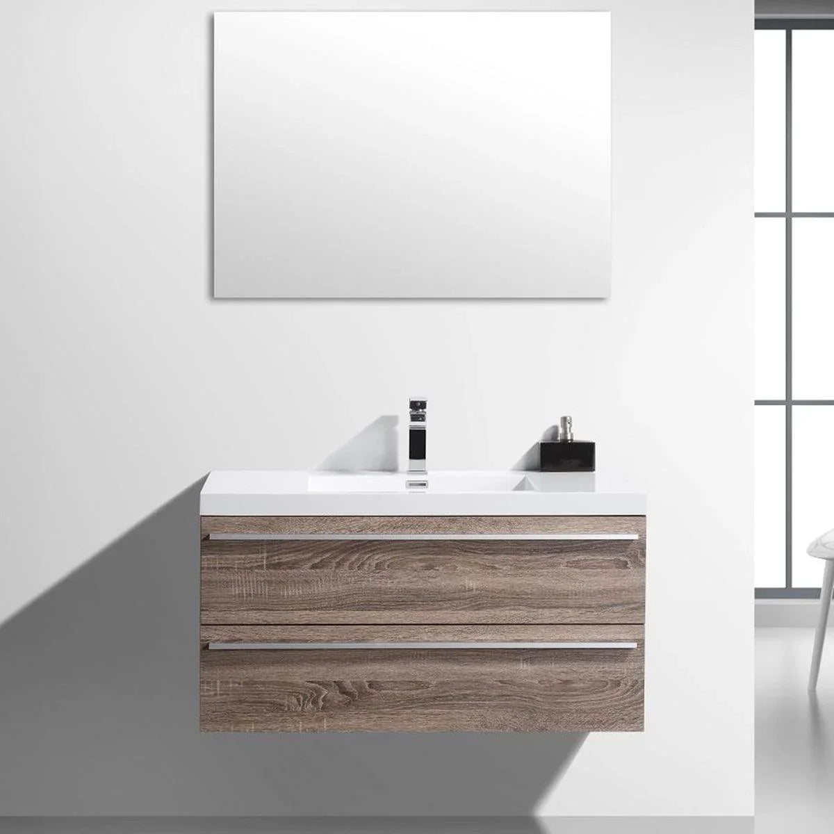 42" Soft Oak Wall Mount Bathroom Vanity with White Polymarble Countertop-Migration_Bathroom Vanities-DECOROLALA