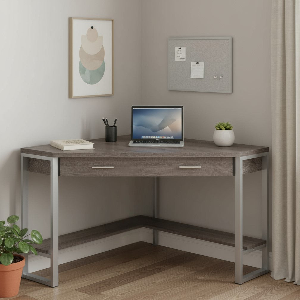 42" Taupe and Silver Corner Computer Desk-Desks-DECOROLALA