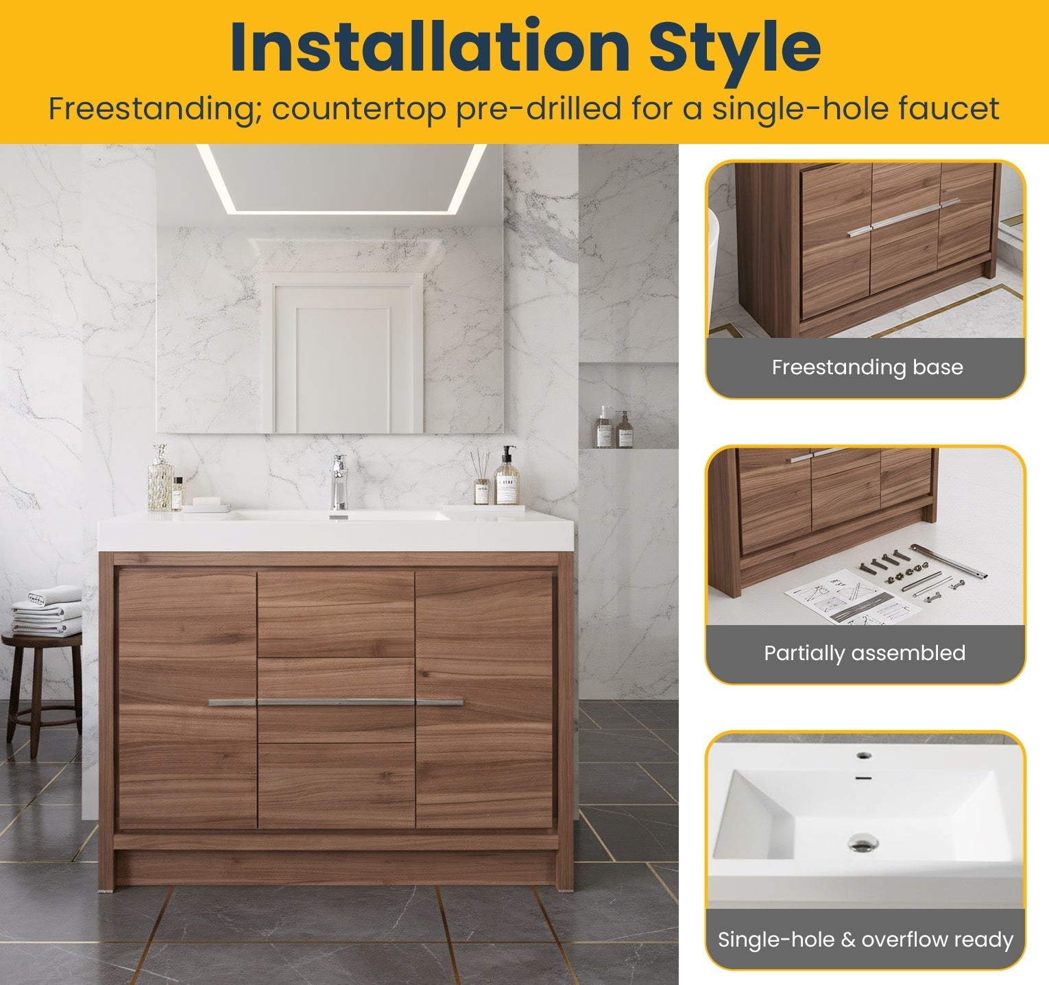 42" Walnut Freestanding Bathroom Vanity with White Polymarble Countertop-Migration_Bathroom Vanities-DECOROLALA