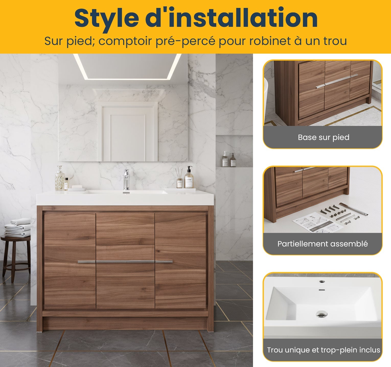 42" Walnut Freestanding Bathroom Vanity with White Polymarble Countertop-Migration_Bathroom Vanities-DECOROLALA