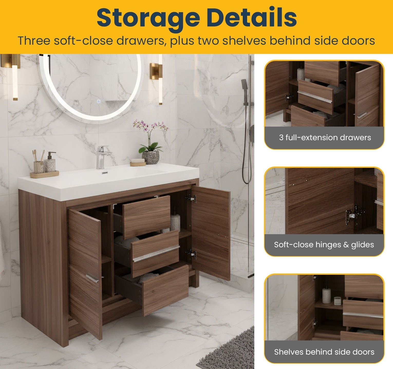 42" Walnut Freestanding Bathroom Vanity with White Polymarble Countertop-Migration_Bathroom Vanities-DECOROLALA