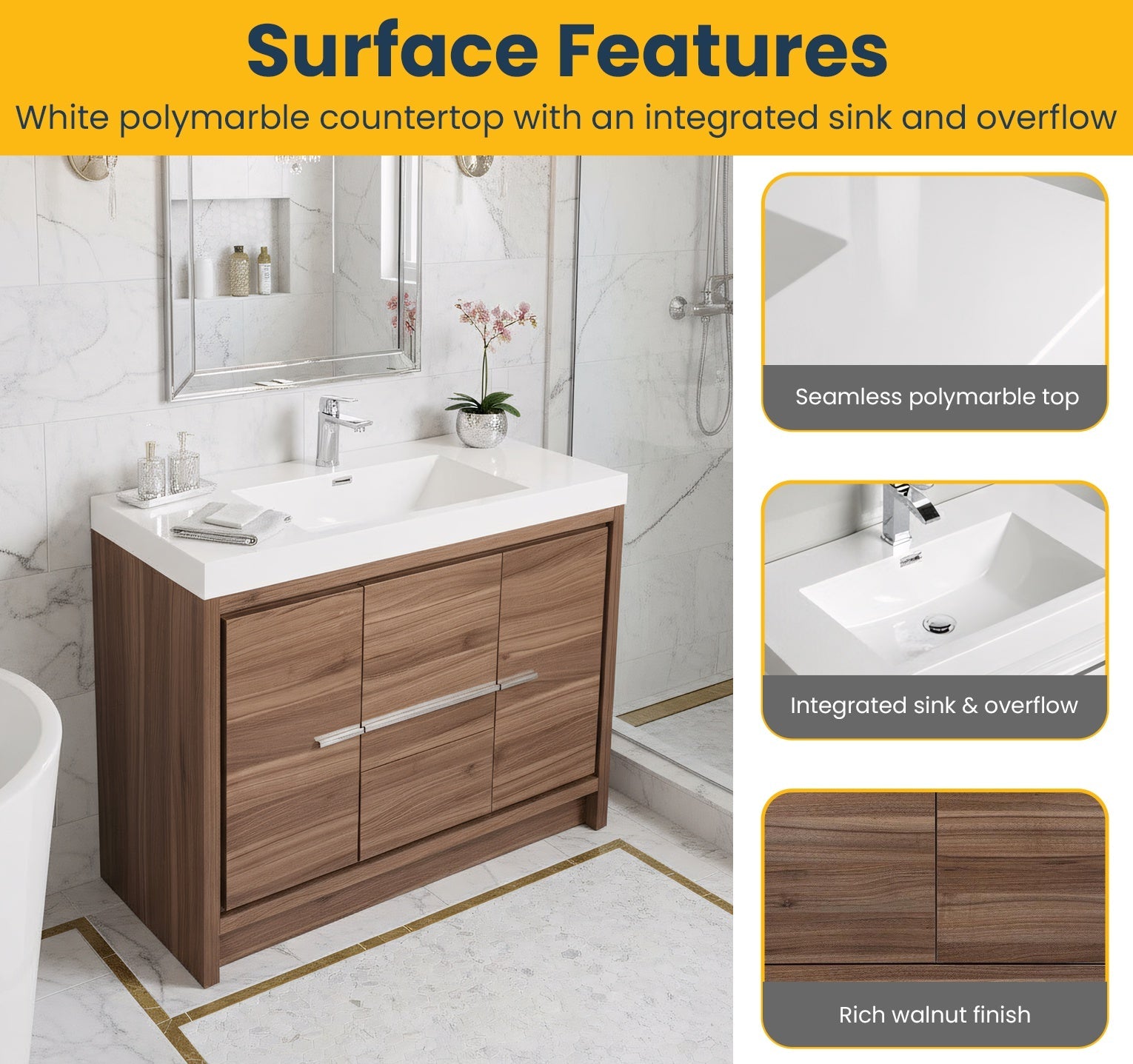 42" Walnut Freestanding Bathroom Vanity with White Polymarble Countertop-Migration_Bathroom Vanities-DECOROLALA