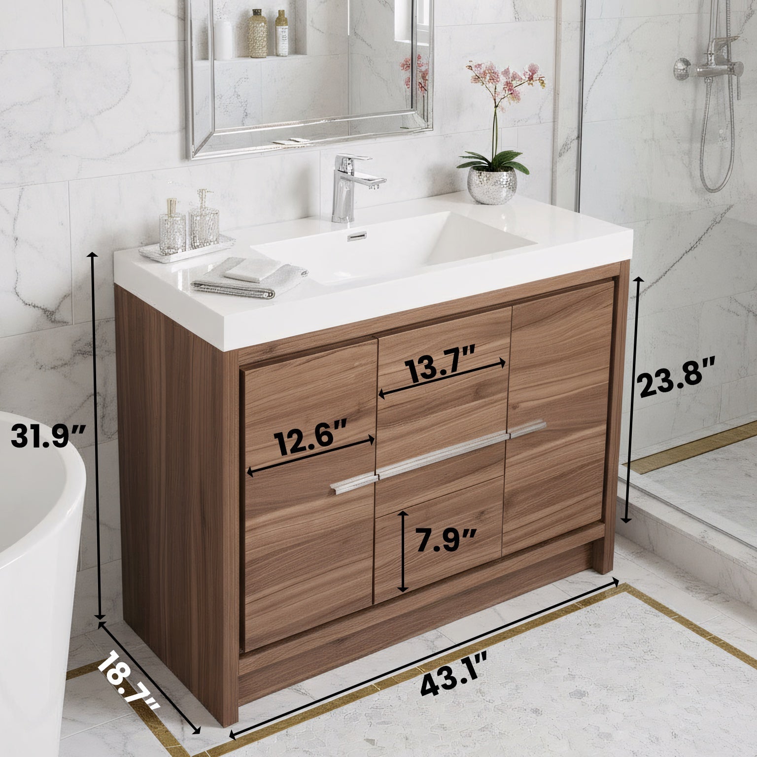 42" Walnut Freestanding Bathroom Vanity with White Polymarble Countertop-Migration_Bathroom Vanities-DECOROLALA