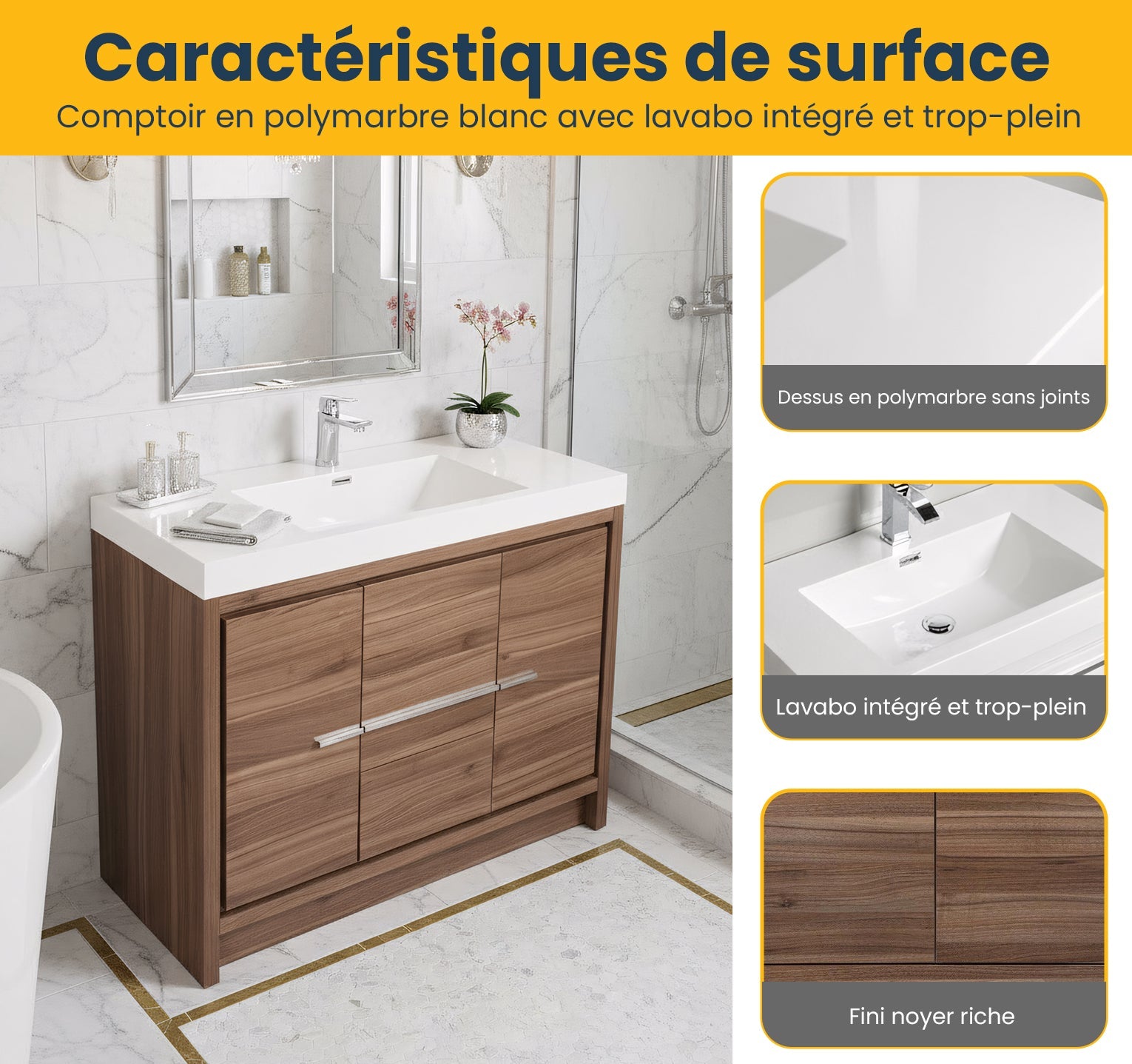 42" Walnut Freestanding Bathroom Vanity with White Polymarble Countertop-Migration_Bathroom Vanities-DECOROLALA