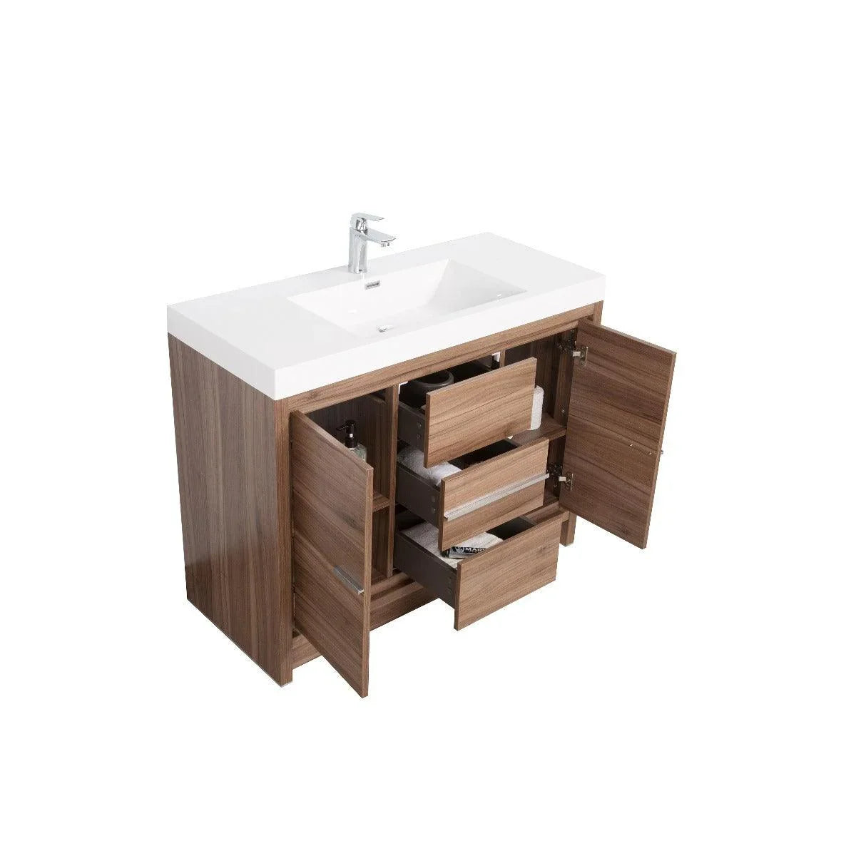 42" Walnut Freestanding Bathroom Vanity with White Polymarble Countertop-Migration_Bathroom Vanities-DECOROLALA