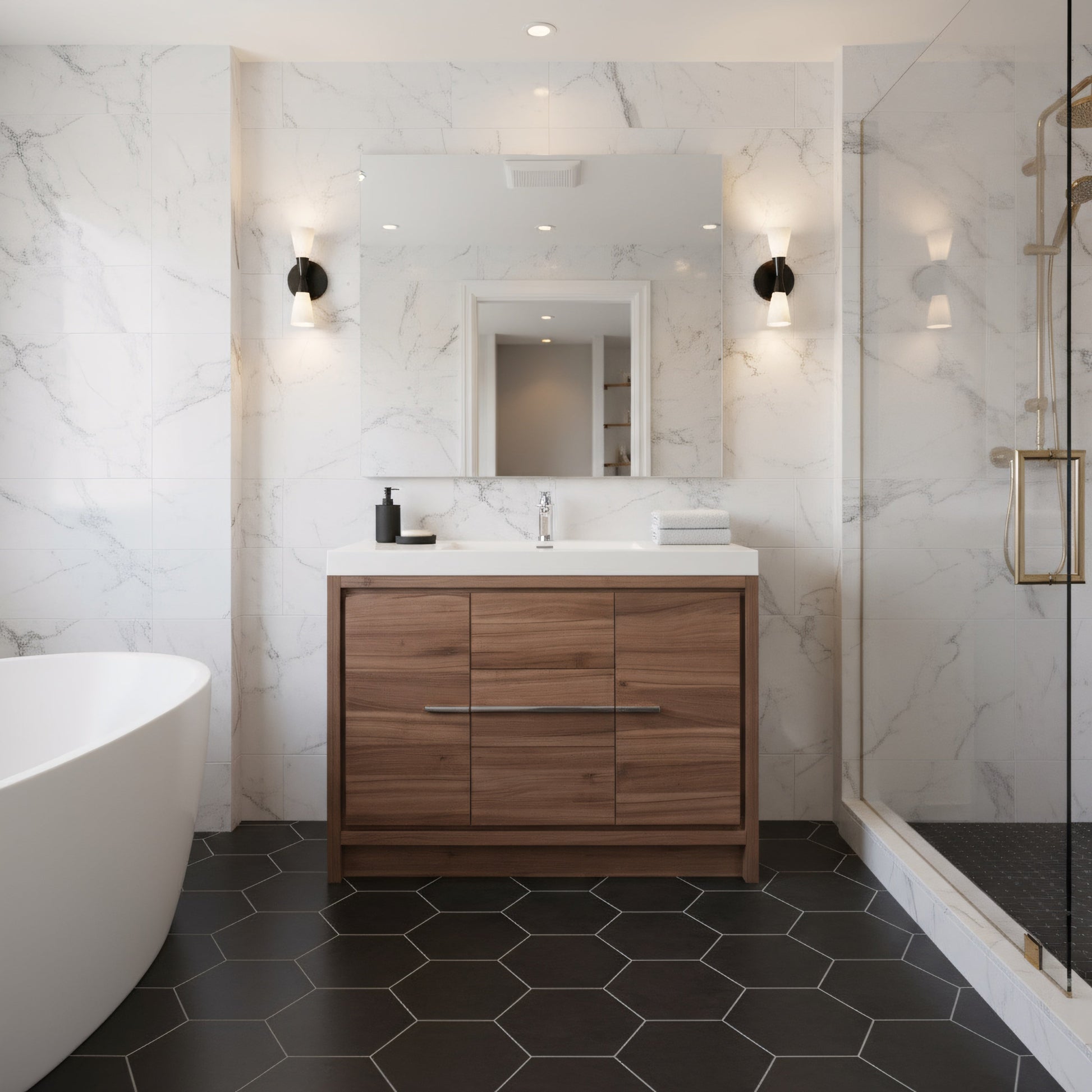 42" Walnut Freestanding Bathroom Vanity with White Polymarble Countertop-Migration_Bathroom Vanities-DECOROLALA