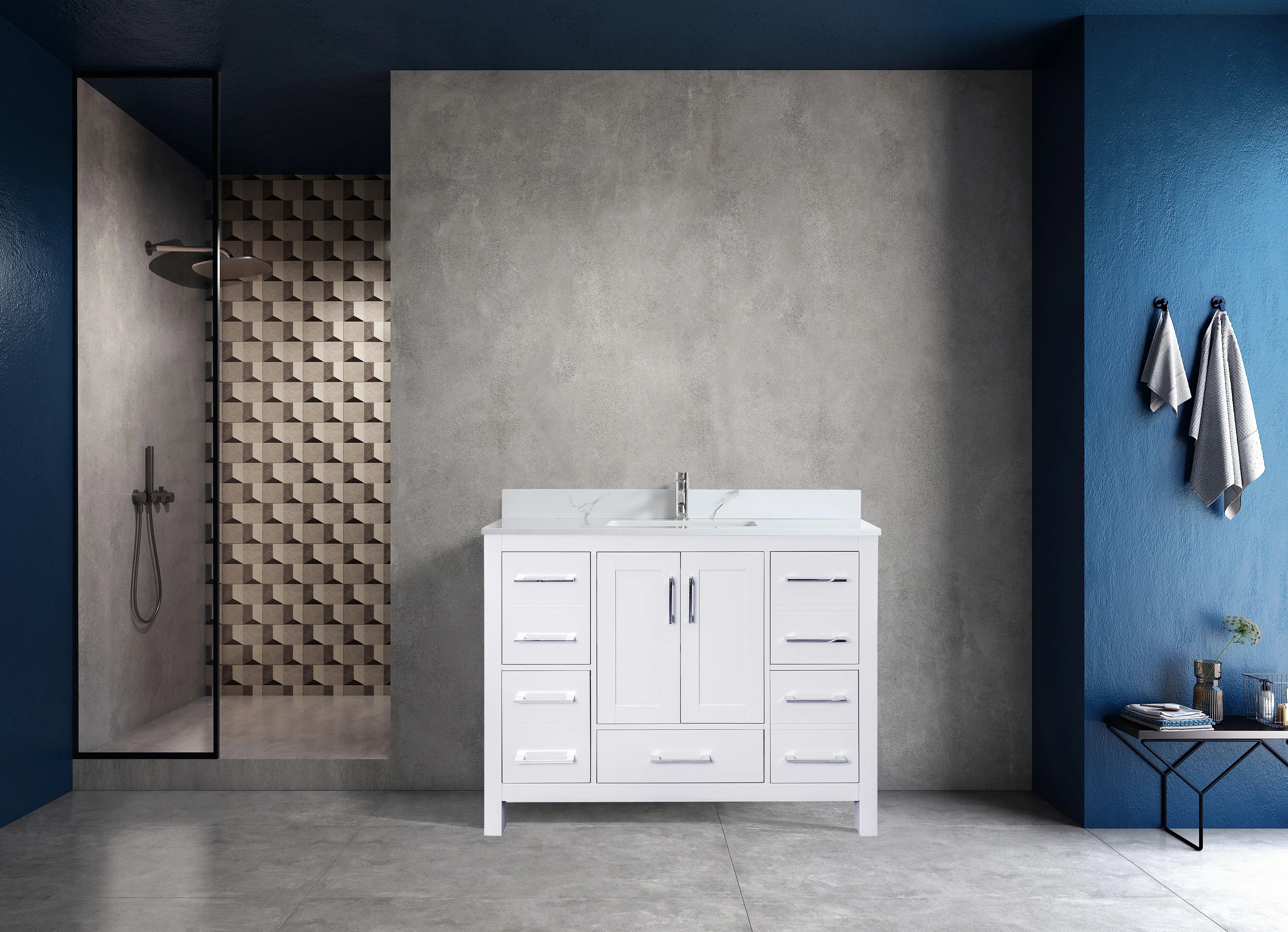 42" White Freestanding Bathroom Vanity with Engineered Calcutta Marble Countertop-Migration_Bathroom Vanities-DECOROLALA