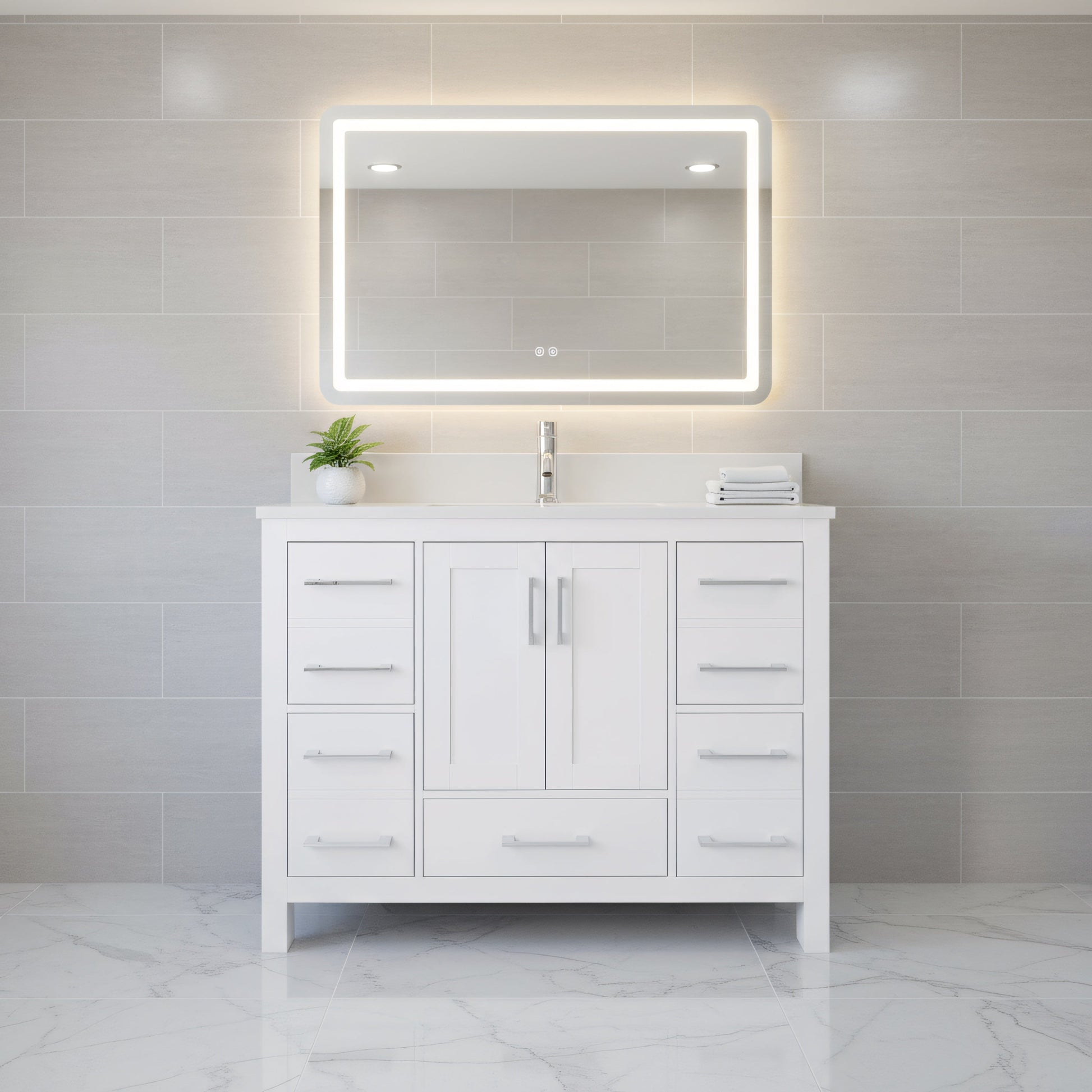 42" White Freestanding Bathroom Vanity with Engineered Calcutta Marble Countertop-Migration_Bathroom Vanities-DECOROLALA