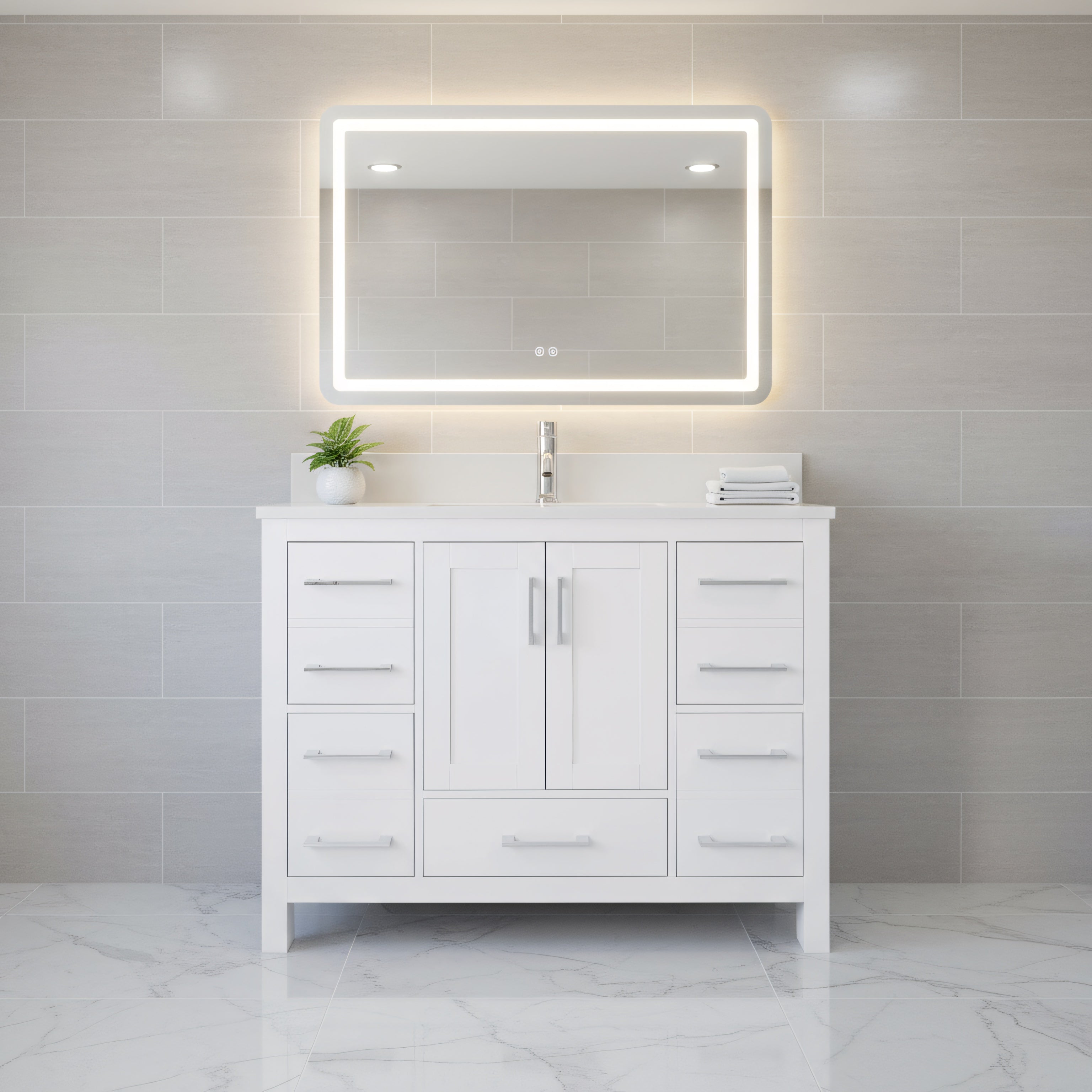42" White Freestanding Bathroom Vanity with Engineered Calcutta Marble Countertop-Migration_Bathroom Vanities-DECOROLALA
