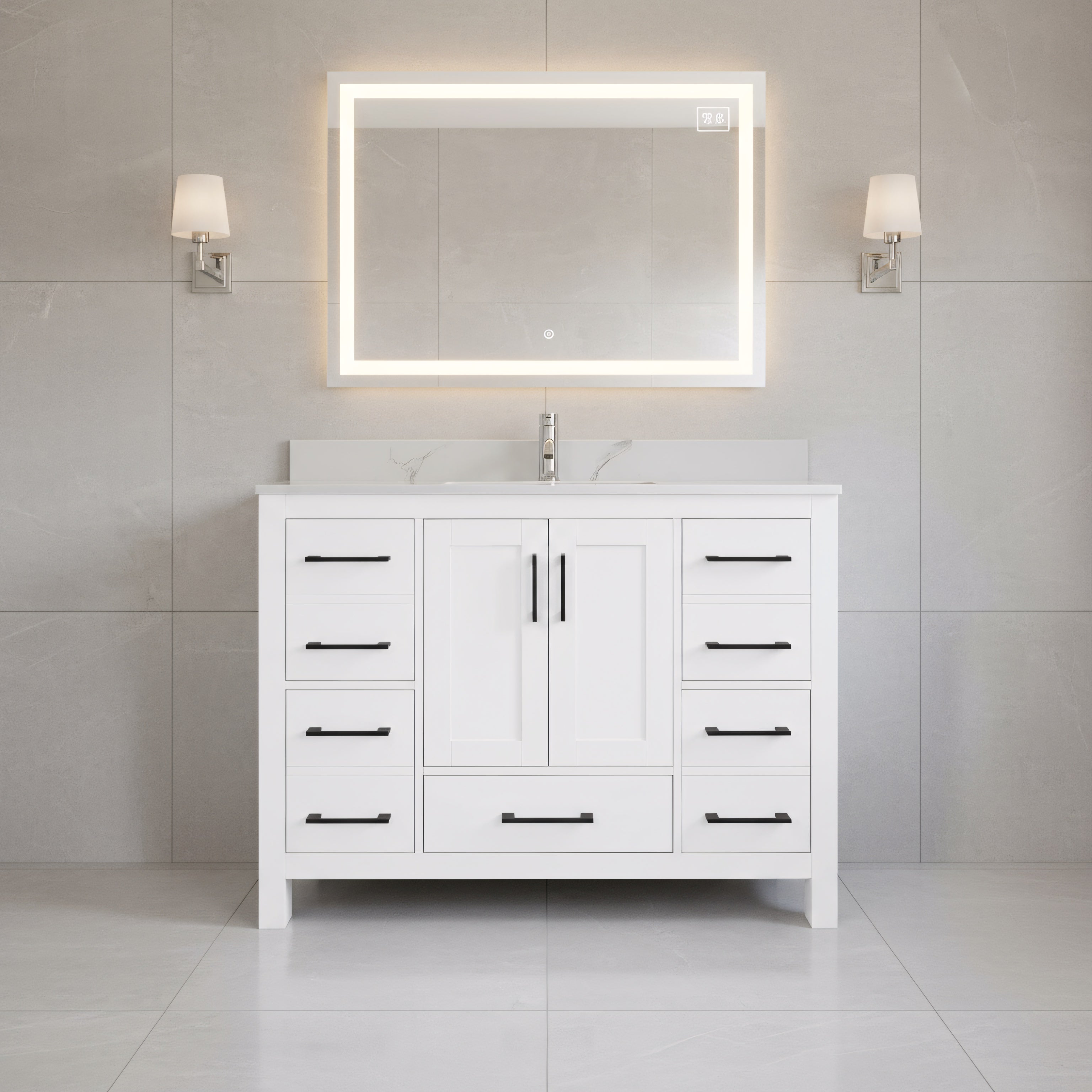 42" White Freestanding Bathroom Vanity with Engineered Calcutta Marble Countertop-Migration_Bathroom Vanities-DECOROLALA