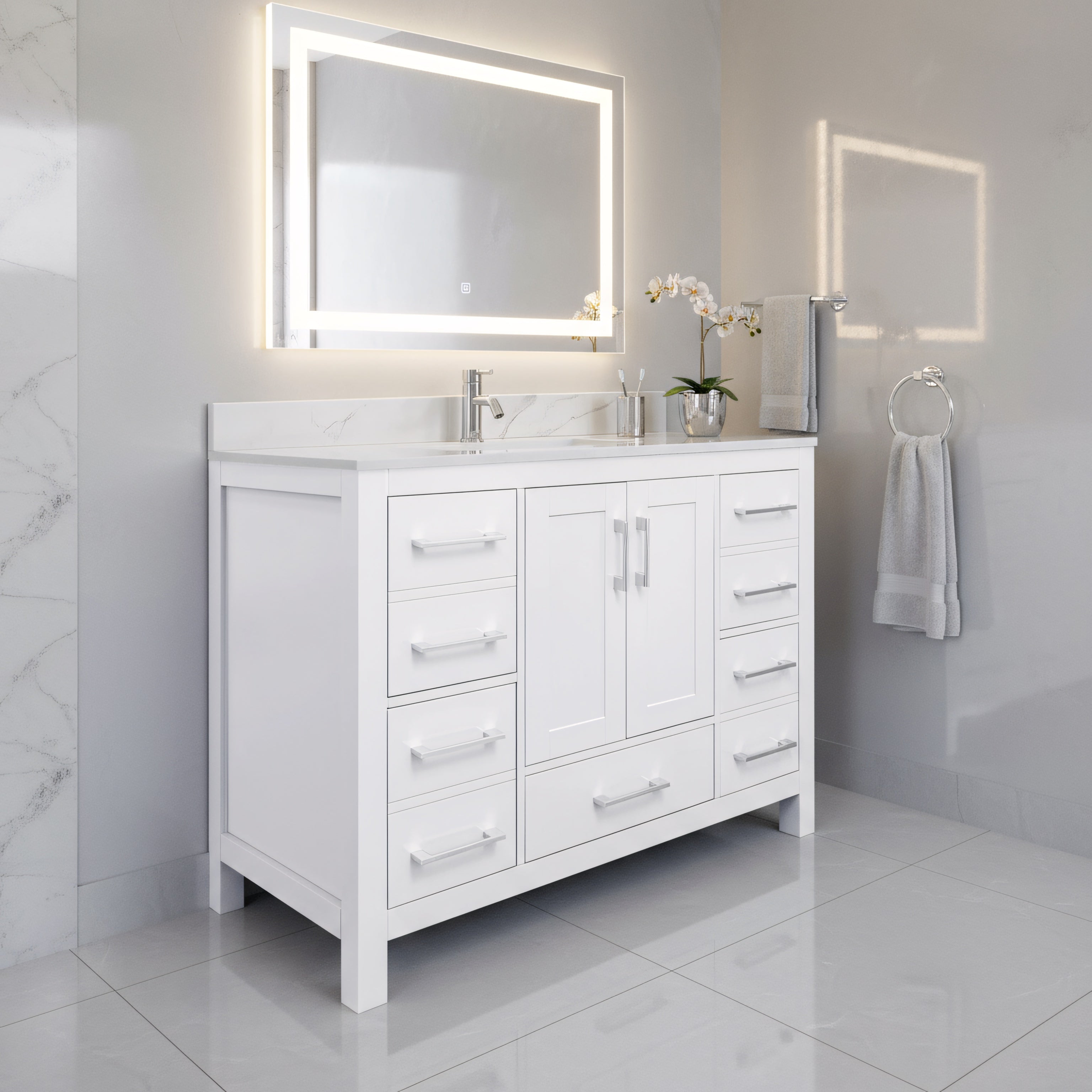 42" White Freestanding Bathroom Vanity with Engineered Calcutta Marble Countertop-Migration_Bathroom Vanities-DECOROLALA