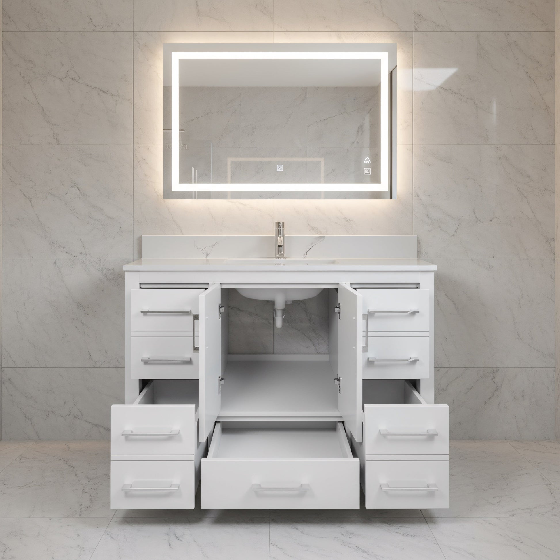 42" White Freestanding Bathroom Vanity with Engineered Calcutta Marble Countertop-Migration_Bathroom Vanities-DECOROLALA