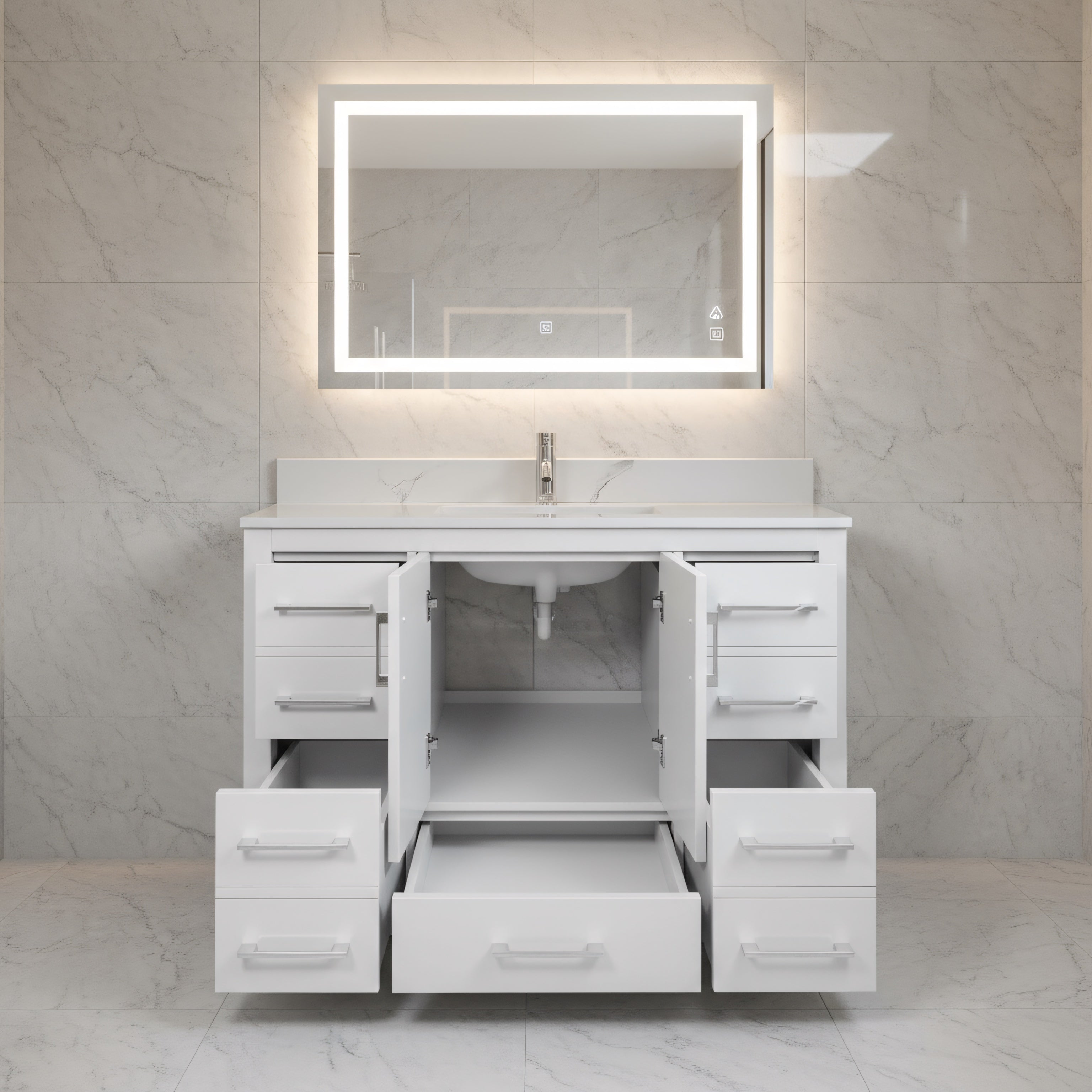 42" White Freestanding Bathroom Vanity with Engineered Calcutta Marble Countertop-Migration_Bathroom Vanities-DECOROLALA