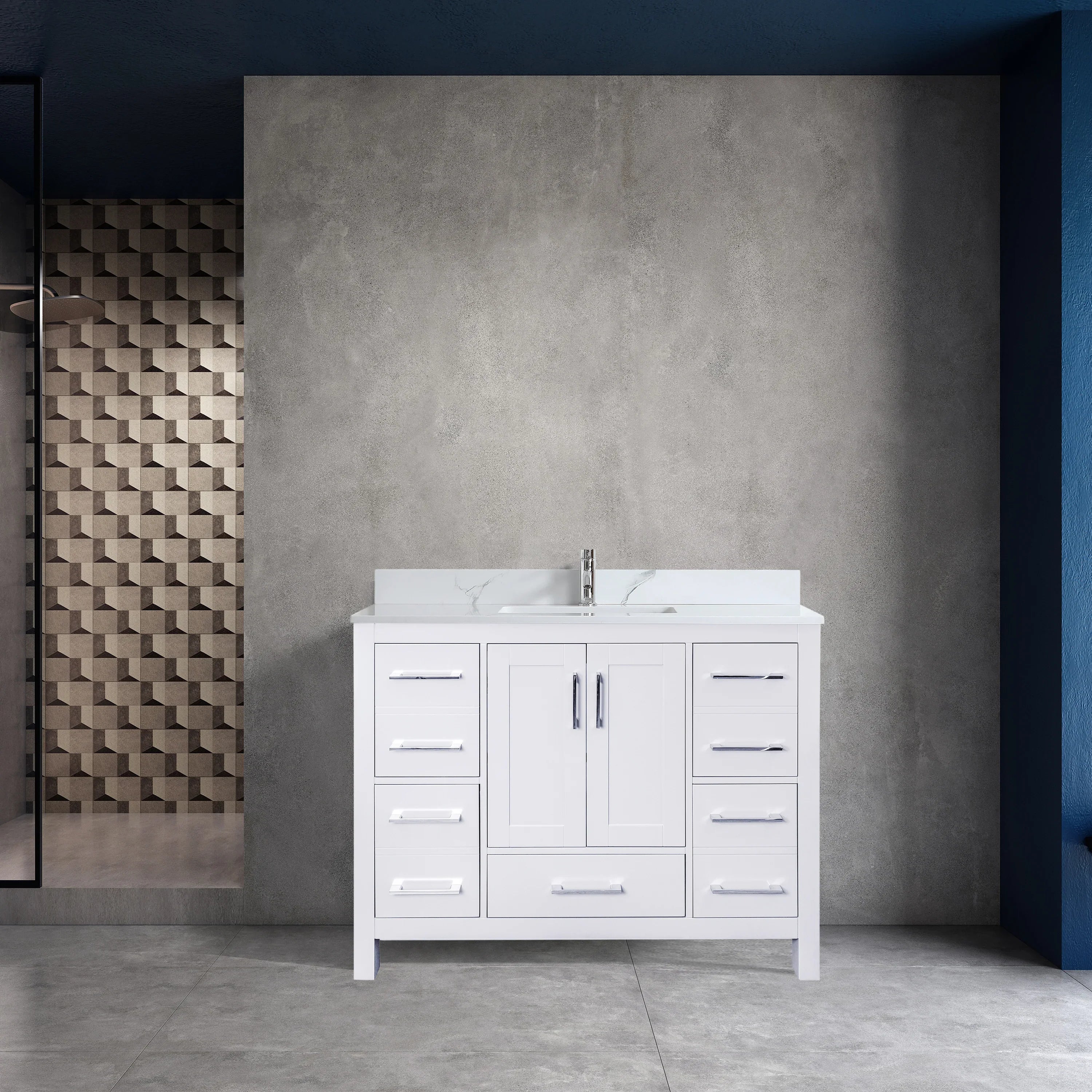 42" White Freestanding Bathroom Vanity with Engineered Calcutta Marble Countertop-Migration_Bathroom Vanities-DECOROLALA