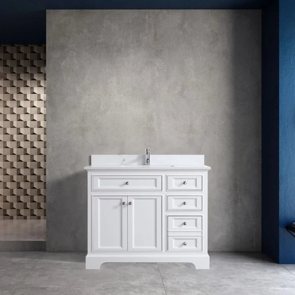 42" White Freestanding Single Sink Bathroom Vanity with Engineered Calcutta Marble Countertop-Migration_Bathroom Vanities-DECOROLALA