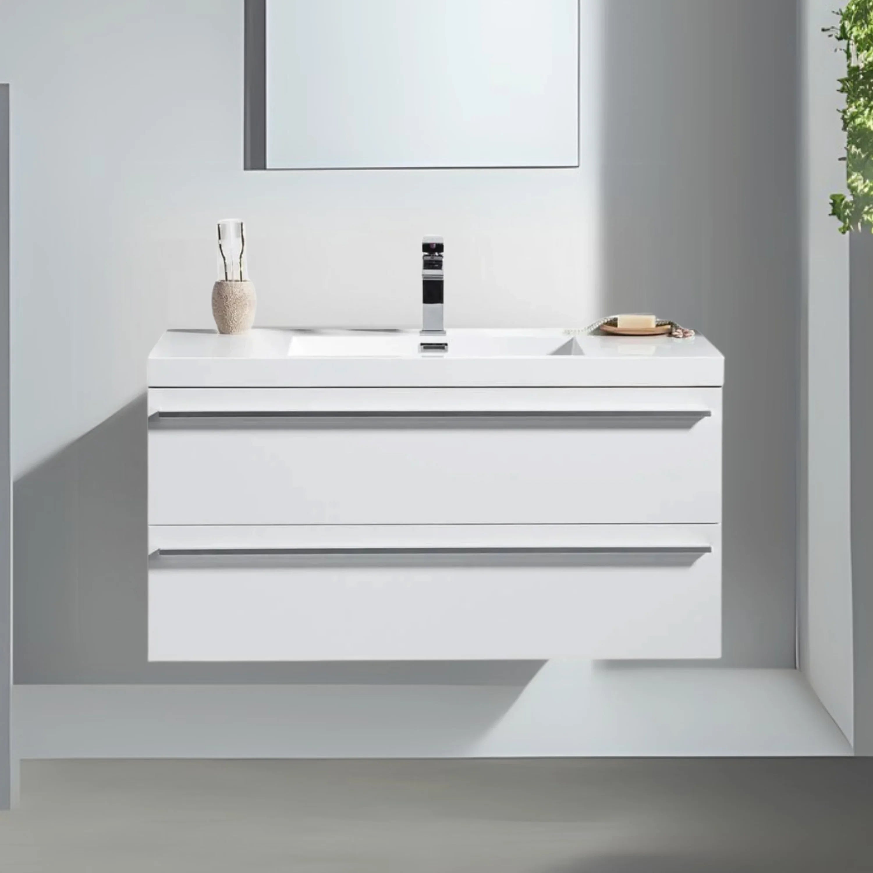 42" White Wall Mount Bathroom Vanity with White Polymarble Countertop-Migration_Bathroom Vanities-DECOROLALA