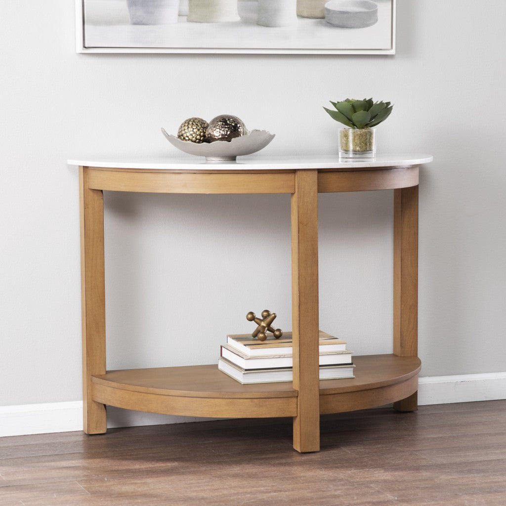 42" White and Natural Faux Marble Half Circle Three Leg Console Table With Shelves-Console Tables-DECOROLALA