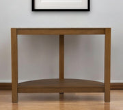 42" White and Natural Faux Marble Half Circle Three Leg Console Table With Shelves-Console Tables-DECOROLALA