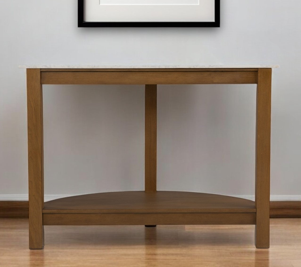 42" White and Natural Faux Marble Half Circle Three Leg Console Table With Shelves-Console Tables-DECOROLALA