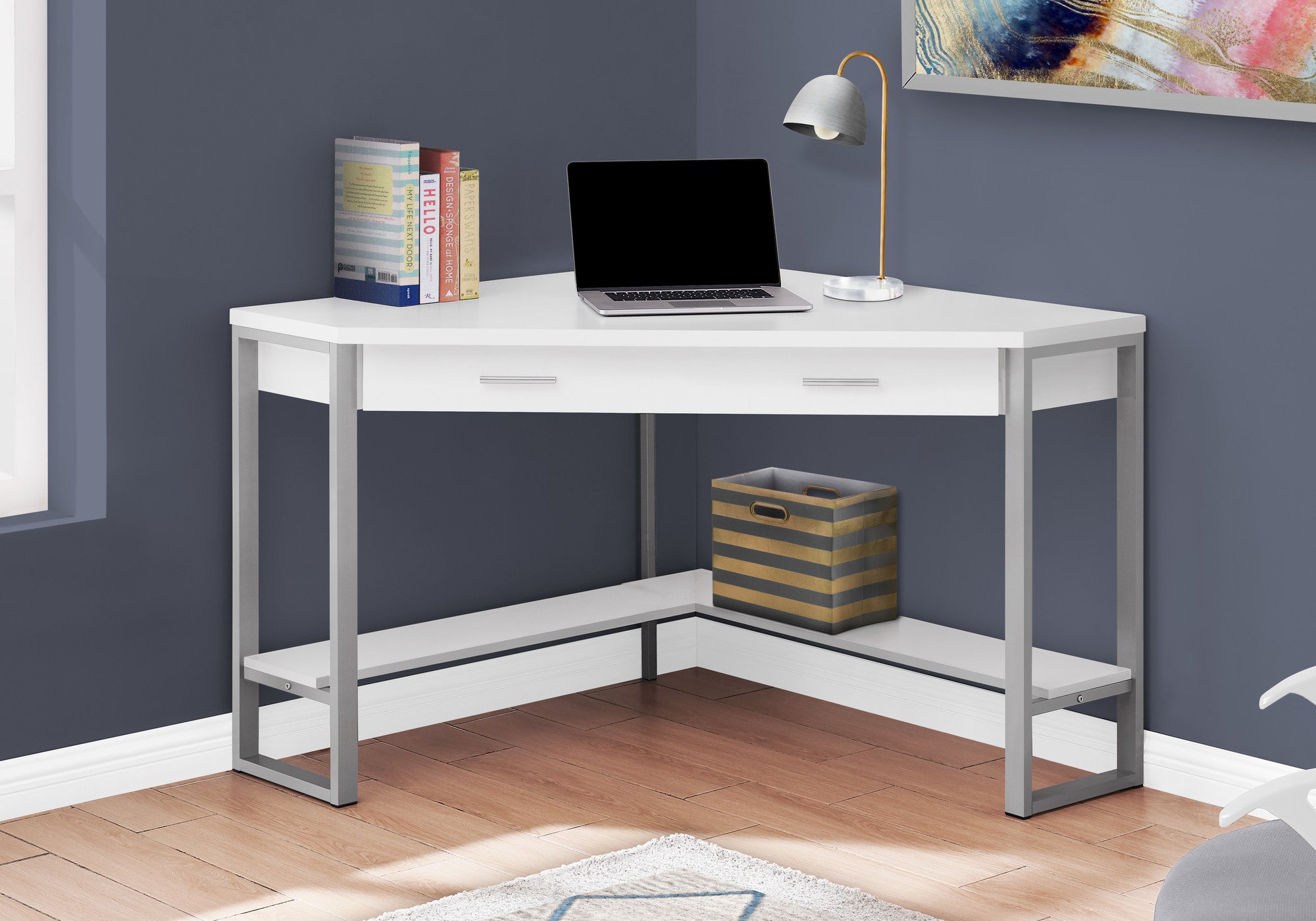 42" White and Silver Corner Computer Desk-Desks-DECOROLALA