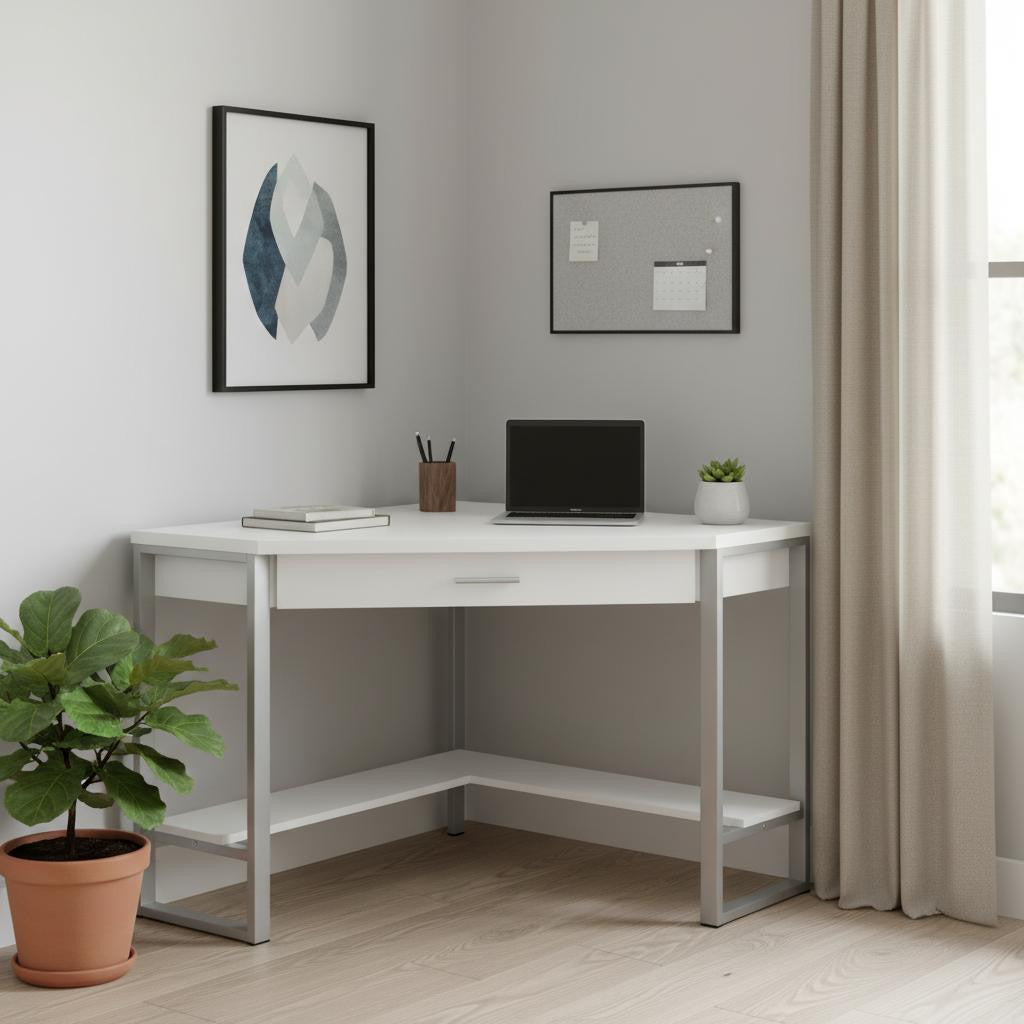 42" White and Silver Corner Computer Desk-Desks-DECOROLALA