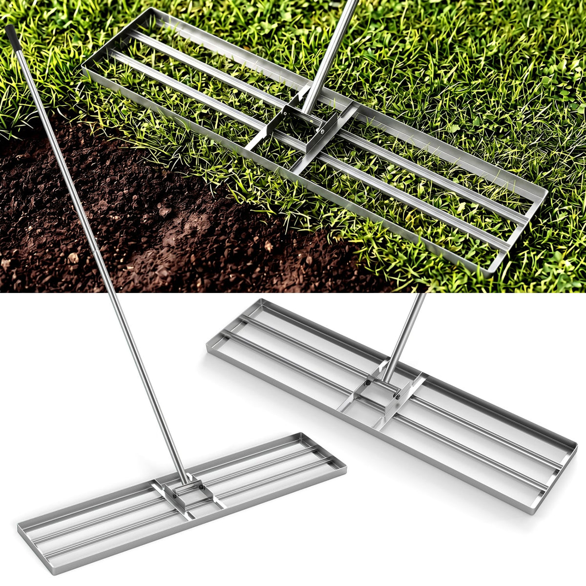 42 x 10 Inch Lawn Leveling Rake with Ergonomic Handle-Silver-Lawn Care Tools-DECOROLALA