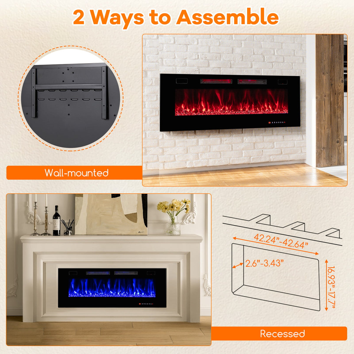 42/50/60/72 Inch Ultra-Thin Electric Fireplace with Decorative Crystals-50 inches-Fireplaces-DECOROLALA