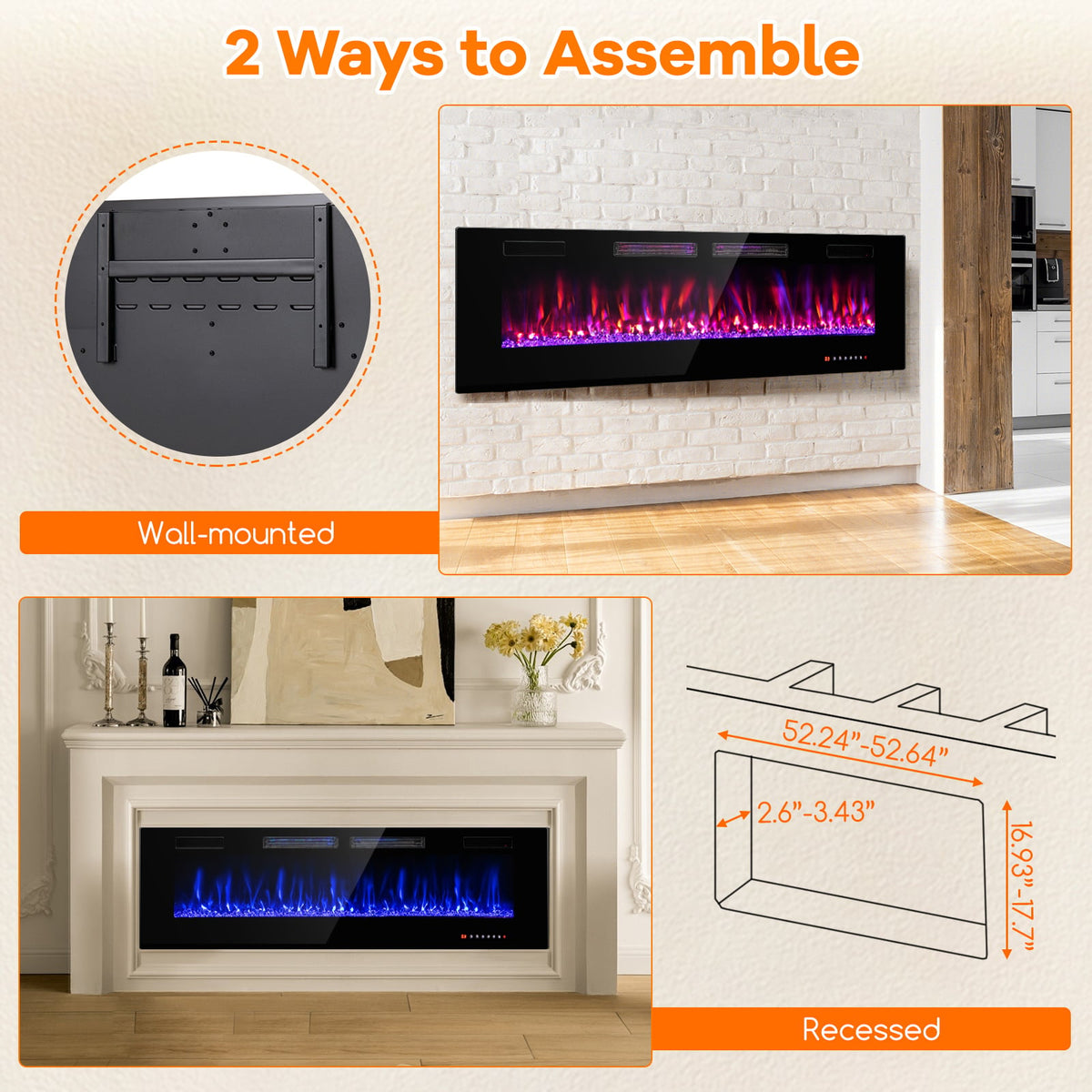 42/50/60/72 Inch Ultra-Thin Electric Fireplace with Decorative Crystals-60 inches-Fireplaces-DECOROLALA