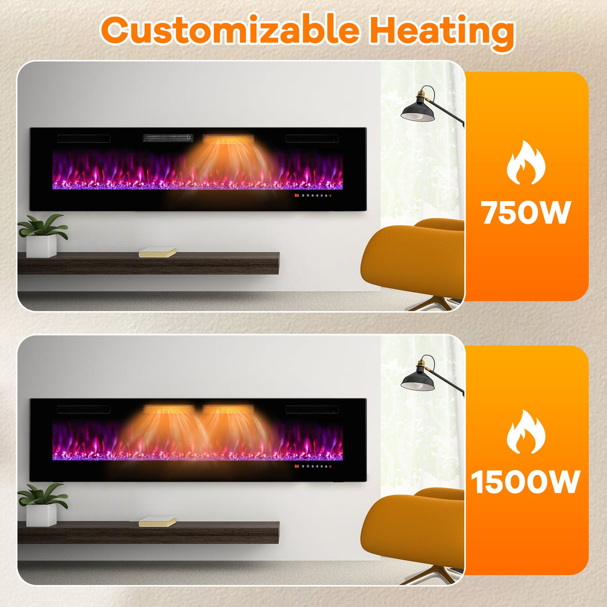 42/50/60/72 Inch Ultra-Thin Electric Fireplace with Decorative Crystals-72 inches-Fireplaces-DECOROLALA