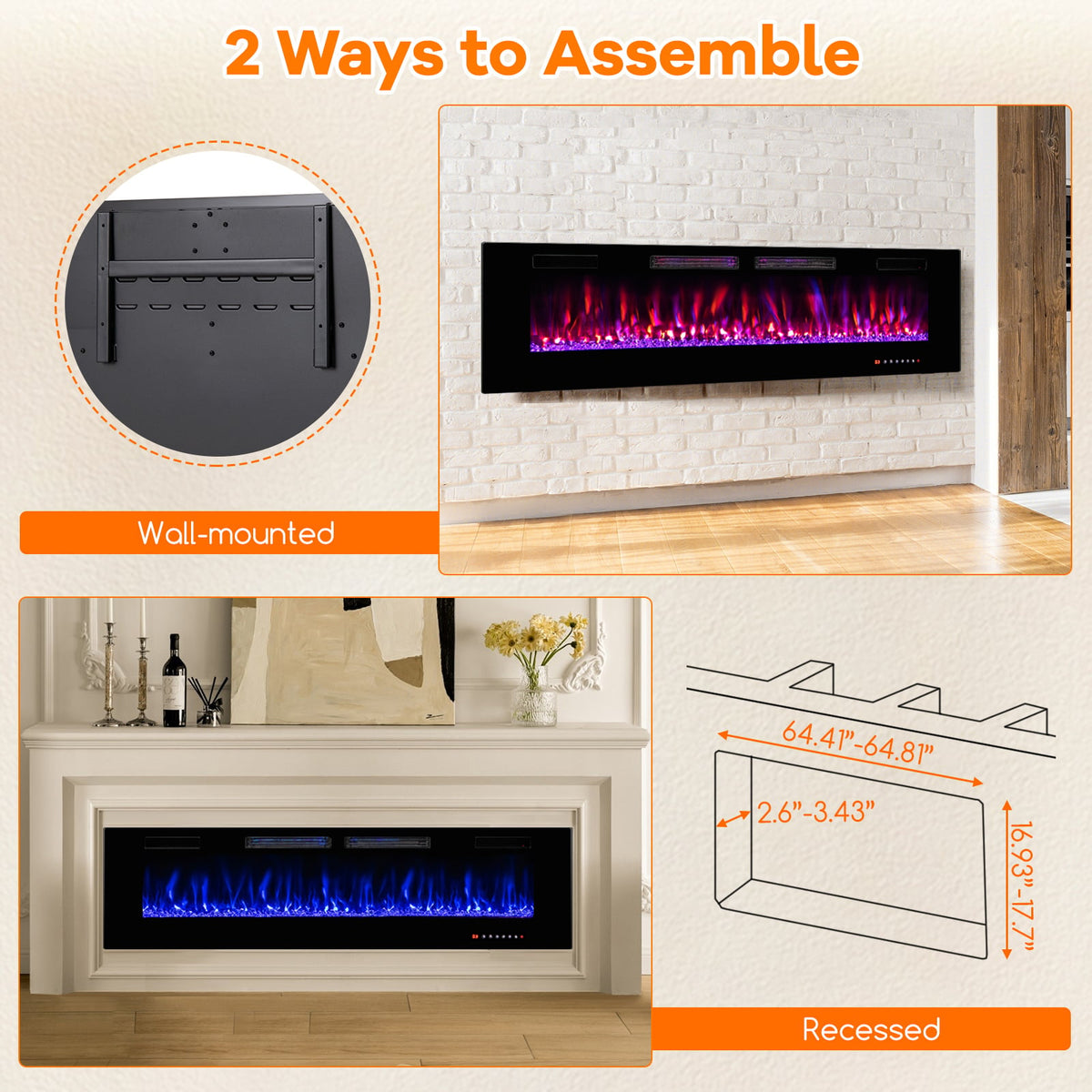 42/50/60/72 Inch Ultra-Thin Electric Fireplace with Decorative Crystals-72 inches-Fireplaces-DECOROLALA