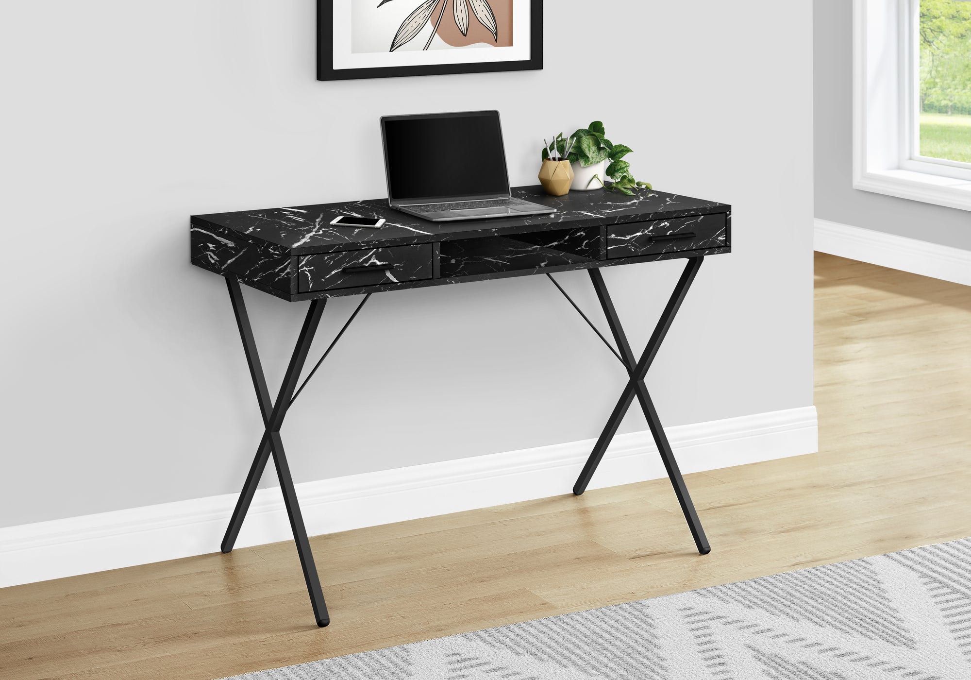 42"L Computer Desk with Storage Drawers, White/Black-Computer Desk-DECOROLALA