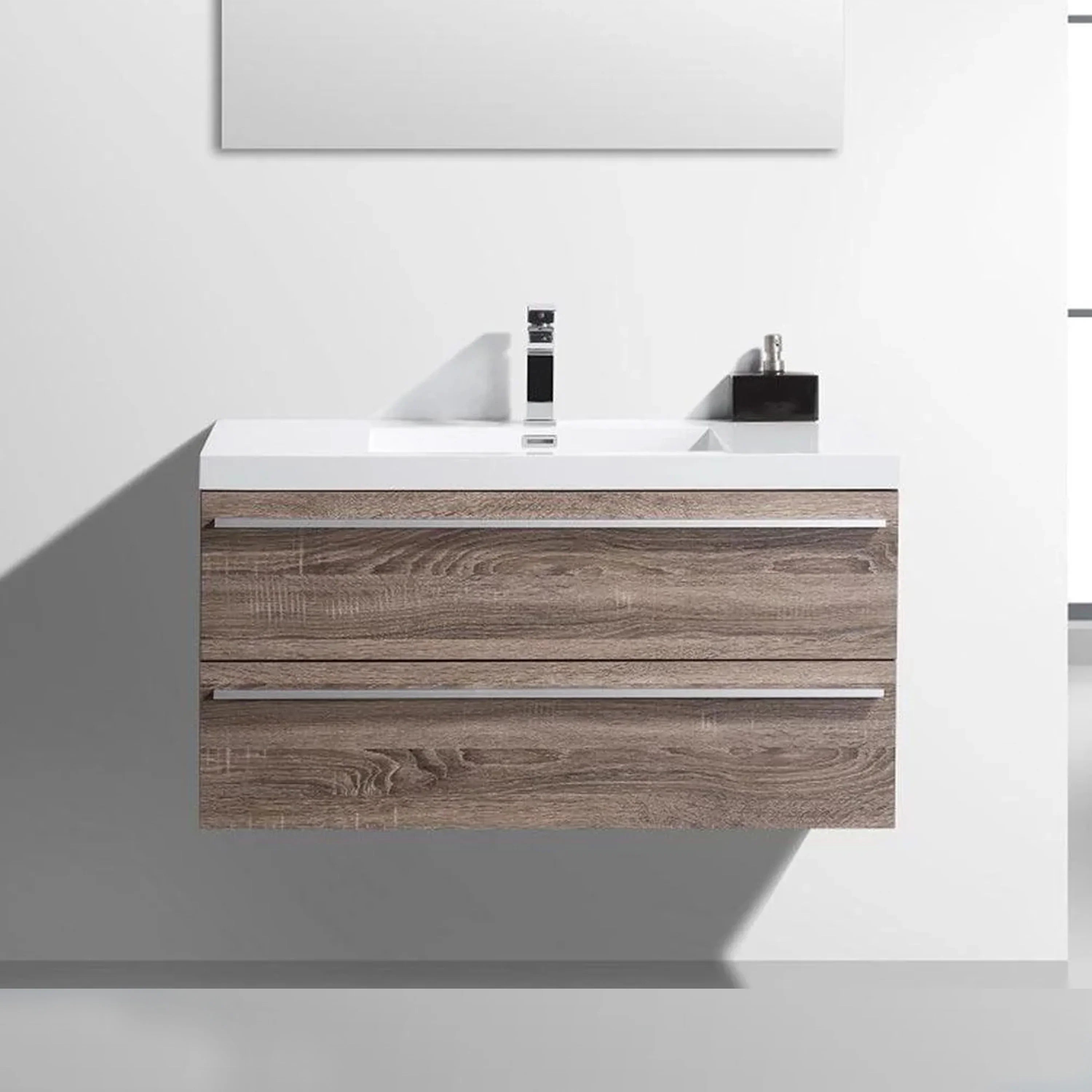 42" Soft Oak Wall Mount Bathroom Vanity with White Polymarble Countertop