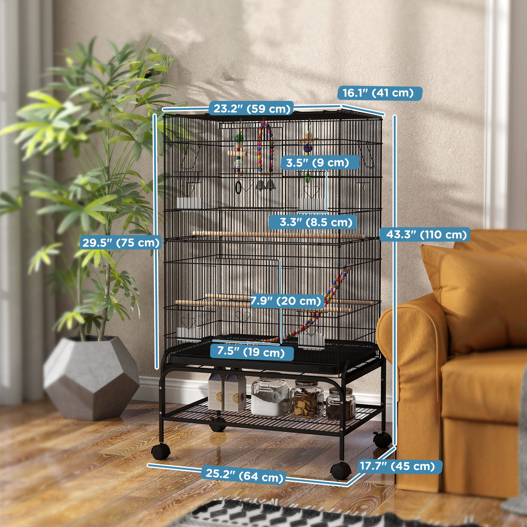 43" Bird Cage with Rolling Stand, Toys, for Budgies Canaries Black-Birds-DECOROLALA