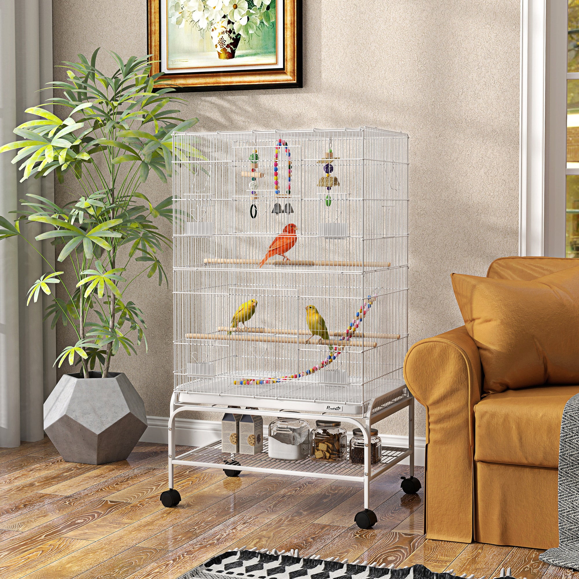 43" Bird Cage with Rolling Stand and Toys - White Steel-Birds-DECOROLALA