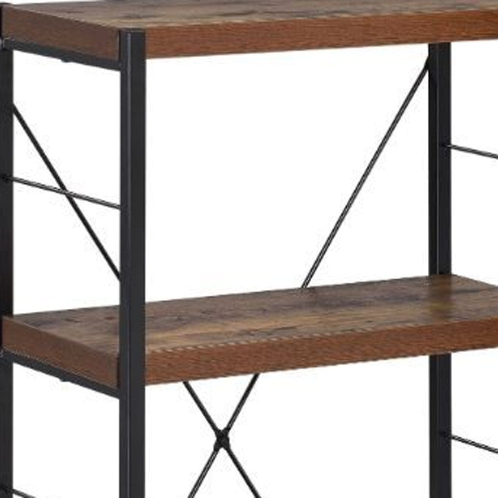 43" Black And Brown Distressed Metal and Wood Three Tier Etagere Bookcase-Bookcases-DECOROLALA