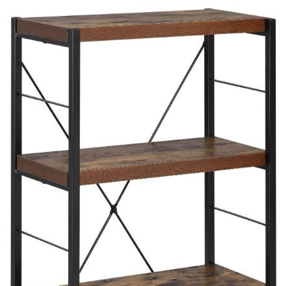 43" Black And Brown Distressed Metal and Wood Three Tier Etagere Bookcase-Bookcases-DECOROLALA
