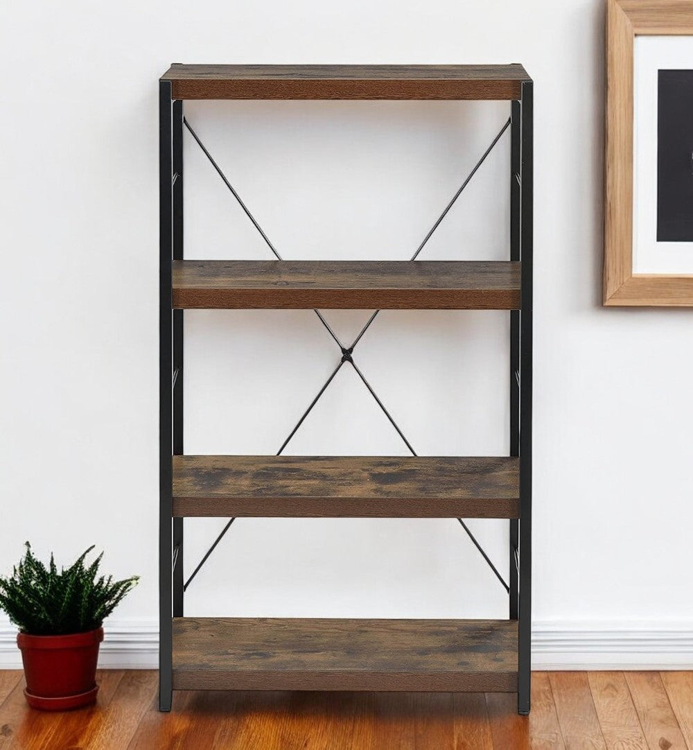 43" Black And Brown Distressed Metal and Wood Three Tier Etagere Bookcase-Bookcases-DECOROLALA