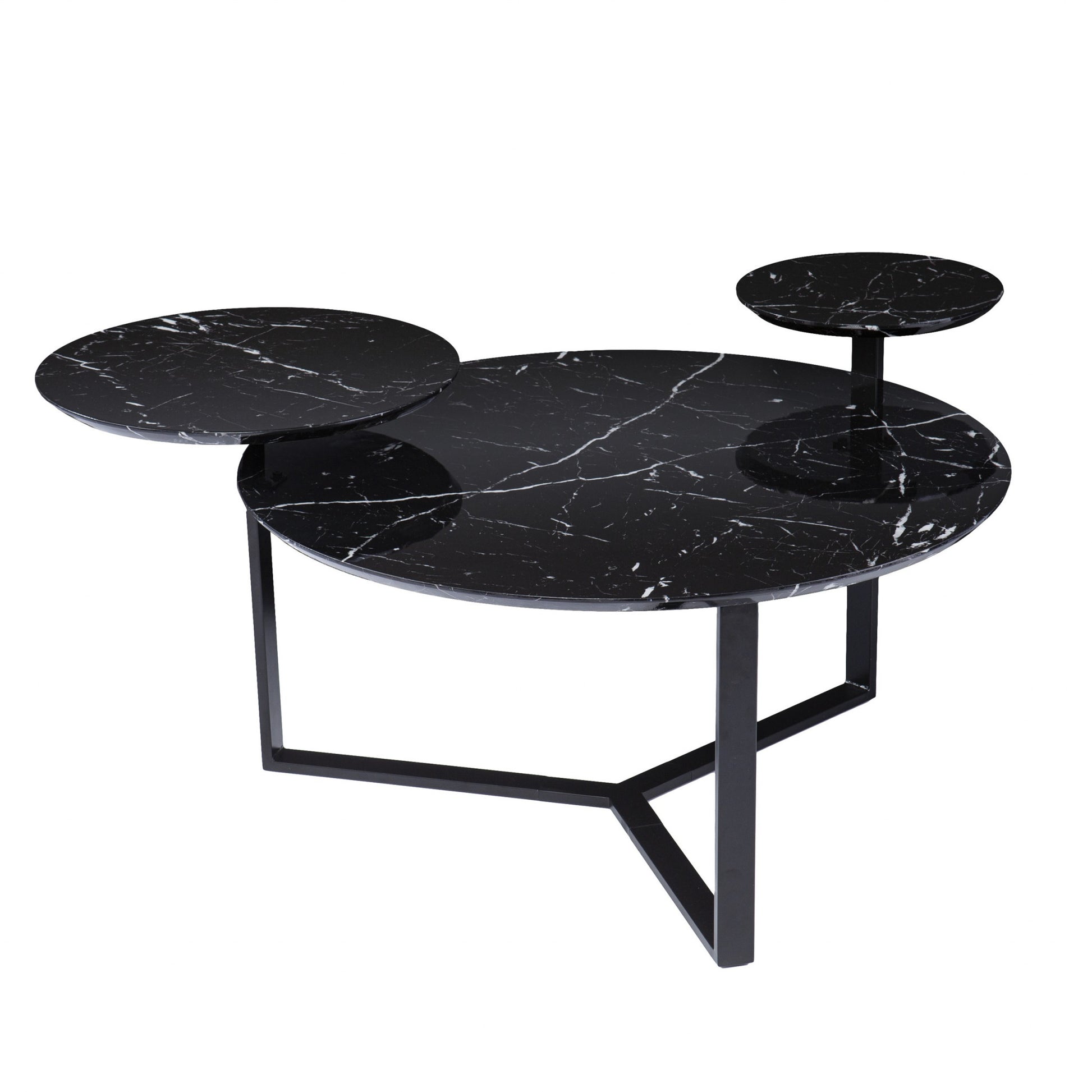 43" Black Faux Marble And Metal With Iron Round Coffee Table-Coffee Tables-DECOROLALA