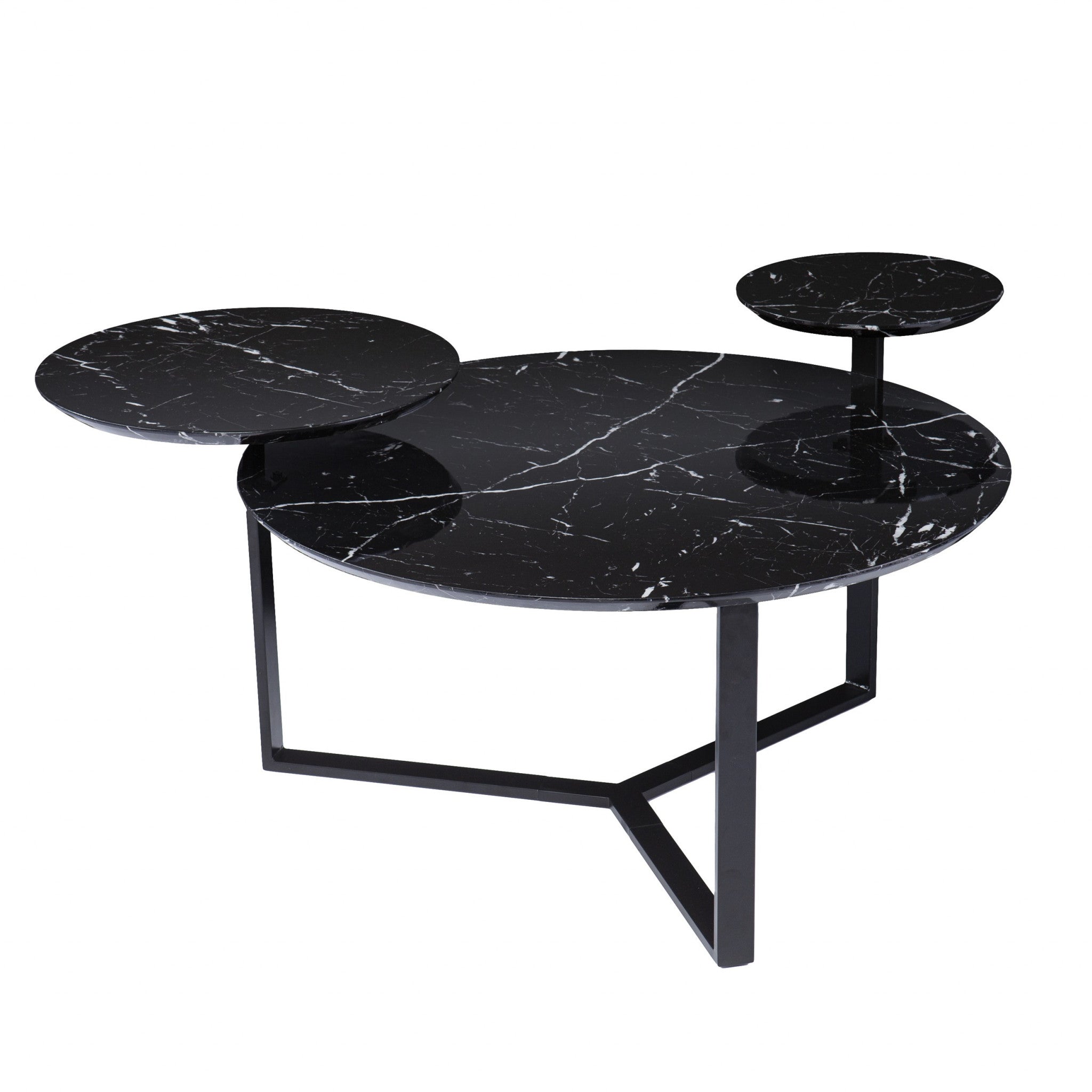 43" Black Faux Marble And Metal With Iron Round Coffee Table-Coffee Tables-DECOROLALA